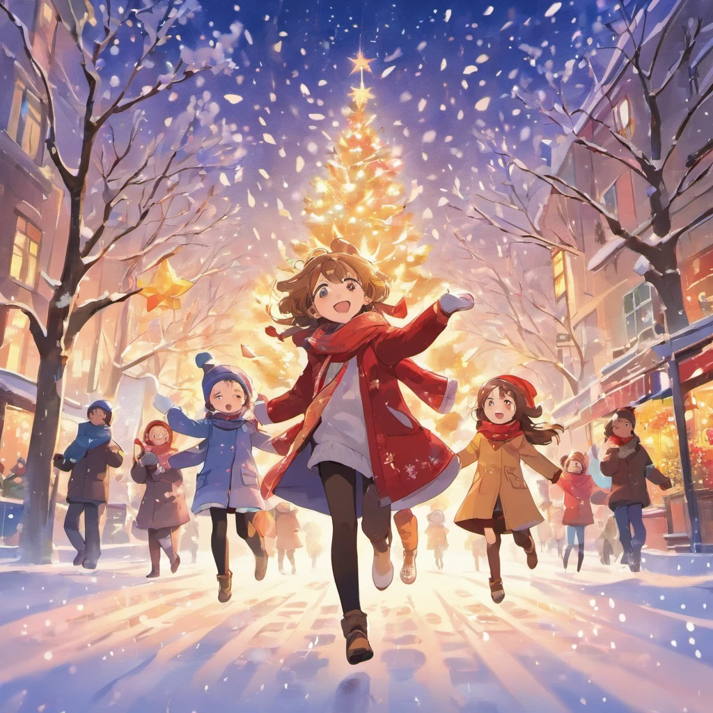This image shows a beautiful winter scene。In the center of the picture is a tall Christmas tree，It is decorated with colorful lights and shining stars，radiates a warm。The tree is covered with various exquisite decorations，like gold and silver balls、Little red riding hood and gift box。

around the christmas tree，A group of cheerful children are having fun。They wear heavy coats，The snowflakes on my body haven’t completely melted yet。Children jumping and running with joy，With cheerful laughter echoing in the air。They held colored paper and pinwheels with Christmas designs in their hands，flying in the strong wind。

A strong cold wind howled in the sky，The wind makes the branches sway。White snowflakes are blown into the sky by the wind，forming a beautiful snow dance。In the background of this stormy celebration，And some red hats、Scarves and gloves fluttering in the wind，Adds to the festive atmosphere