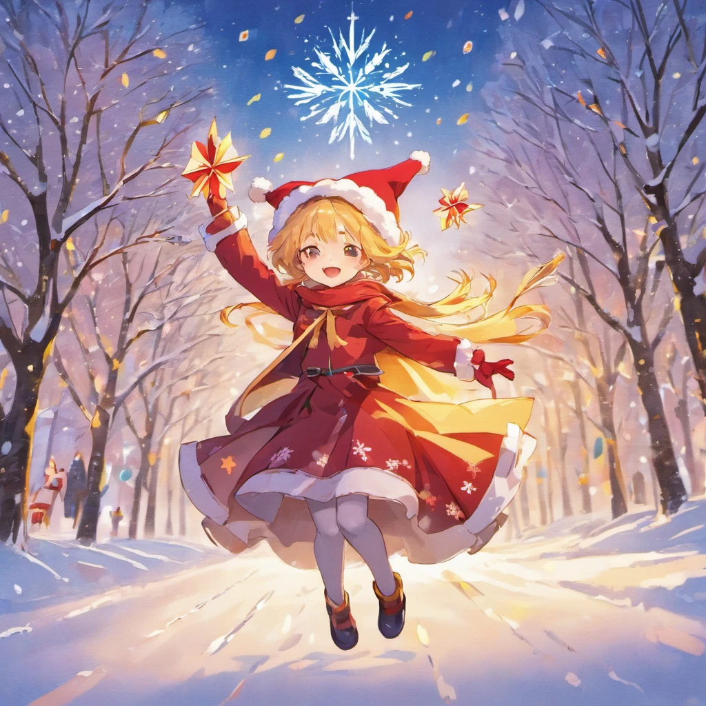 This image shows a beautiful winter scene。In the center of the picture is a tall Christmas tree,It is decorated with colorful lights and shining stars,radiates a warm。The tree is covered with various exquisite decorations,like gold and silver balls、Little red riding hood and gift box。
around the christmas tree,A group of cheerful children are having fun。They wear heavy coats,The snowflakes on my body haven’t completely melted yet。Children jumping and running with joy,With cheerful laughter echoing in the air。They held colored paper and pinwheels with Christmas designs in their hands,flying in the strong wind。
A strong cold wind howled in the sky,The wind makes the branches sway。White snowflakes are blown into the sky by the wind,forming a beautiful snow dance。In the background of this stormy celebration,And some red hats、Scarves and gloves fluttering in the wind,Adds to the festive atmosphere