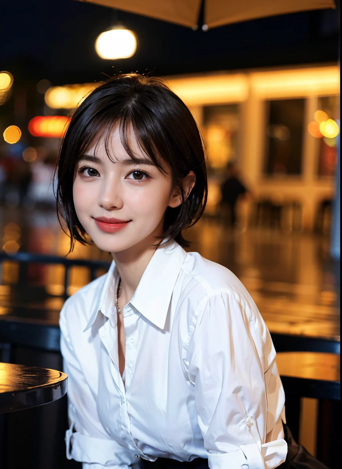 (8k, best quality, masterpiece:1.2), (realistic, photo-realistic:1.37), ultra-detailed, 1 girl,cute, solo,beautiful detailed sky,detailed cafe,night,sitting,dating,(nose blush),(smile:1.15),(closed mouth) small breasts,beautiful detailed eyes,(collared shirt:1.1), night, wet,business attire, rain,white lace, (short hair:1.2),floating hair NovaFrogStyle,