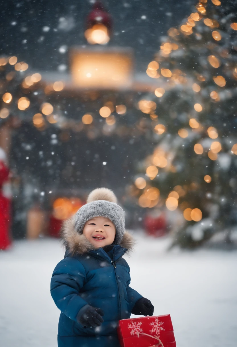 This image shows a beautiful winter scene。In the center of the picture is a tall Christmas tree,It is decorated with colorful lights and shining stars,radiates a warm。The tree is covered with various exquisite decorations,like gold and silver balls、Little red riding hood and gift box。
around the christmas tree,A group of cheerful children are having fun。They wear heavy coats,The snowflakes on my body haven’t completely melted yet。Children jumping and running with joy,With cheerful laughter echoing in the air。They held colored paper and pinwheels with Christmas designs in their hands,flying in the strong wind。
A strong cold wind howled in the sky,The wind makes the branches sway。White snowflakes are blown into the sky by the wind,forming a beautiful snow dance。In the background of this stormy celebration,And some red hats、Scarves and gloves fluttering in the wind,Adds to the festive atmosphere