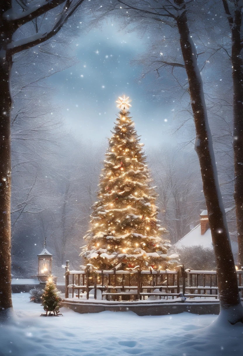 This image shows a beautiful winter scene。In the center of the picture is a tall Christmas tree,It is decorated with colorful lights and shining stars,radiates a warm。The tree is covered with various exquisite decorations,like gold and silver balls、Little red riding hood and gift box。
around the christmas tree,A group of cheerful children are having fun。They wear heavy coats,The snowflakes on my body haven’t completely melted yet。Children jumping and running with joy,With cheerful laughter echoing in the air。They held colored paper and pinwheels with Christmas designs in their hands,flying in the strong wind。
A strong cold wind howled in the sky,The wind makes the branches sway。White snowflakes are blown into the sky by the wind,forming a beautiful snow dance。In the background of this stormy celebration,And some red hats、Scarves and gloves fluttering in the wind,Adds to the festive atmosphere