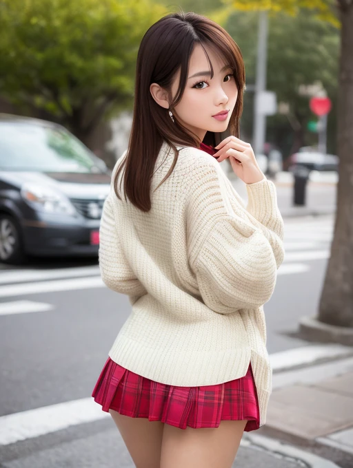 ((Tabletop, Highest quality, High resolution, Hmph, Pixel perfect, 4K, Hmph, Hmph))), 1 girl, single, alone, Beautiful woman、I could see the whole body、 ((Mid-wave hair, bangs, Brown Hair)), ((Brown eyes, Beautiful eyelashes, Realistic eyes)), ((Detailed face, blush:1.2)), ((Smooth texture:0.75, Realistic texture:0.65, Realistic:1.1, Anime CG style)), Medium chest, Dynamic Angle, Perfect body, ((Red bow tie, , Black jacket, Open jacket, Brown cardigan, White shirt, Black Skirt, Checked skirt)), City Stairs、Looking up from the bottom of the stairs、Very embarrassing panic smile, looked back、Lean forward、(The wind blew up her skirt, exposing her buttocks..、Hurry up and grab your ass、Pink lace panties:1.3)