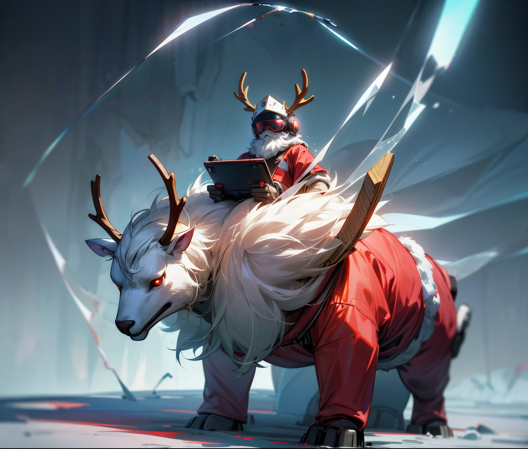 Reindeer, (blind box toy style:1.2), nuttcraker toy, (Full Body Shot) ,  1 Transparent Santa claus, Behind him is a snowman and reindeer, snowflakes, Transparent mecha, Exquisite Helmet:1.2, glowing goggles:1.2, Cyberpunk, Dreamy Glow, Luminous neon lamp, clean, white background, ( Global illumination, raytracing, HDR, unreal render,reasonable design, high detailed, masterpiece, best quality, UHD, Cinematic Lighting)