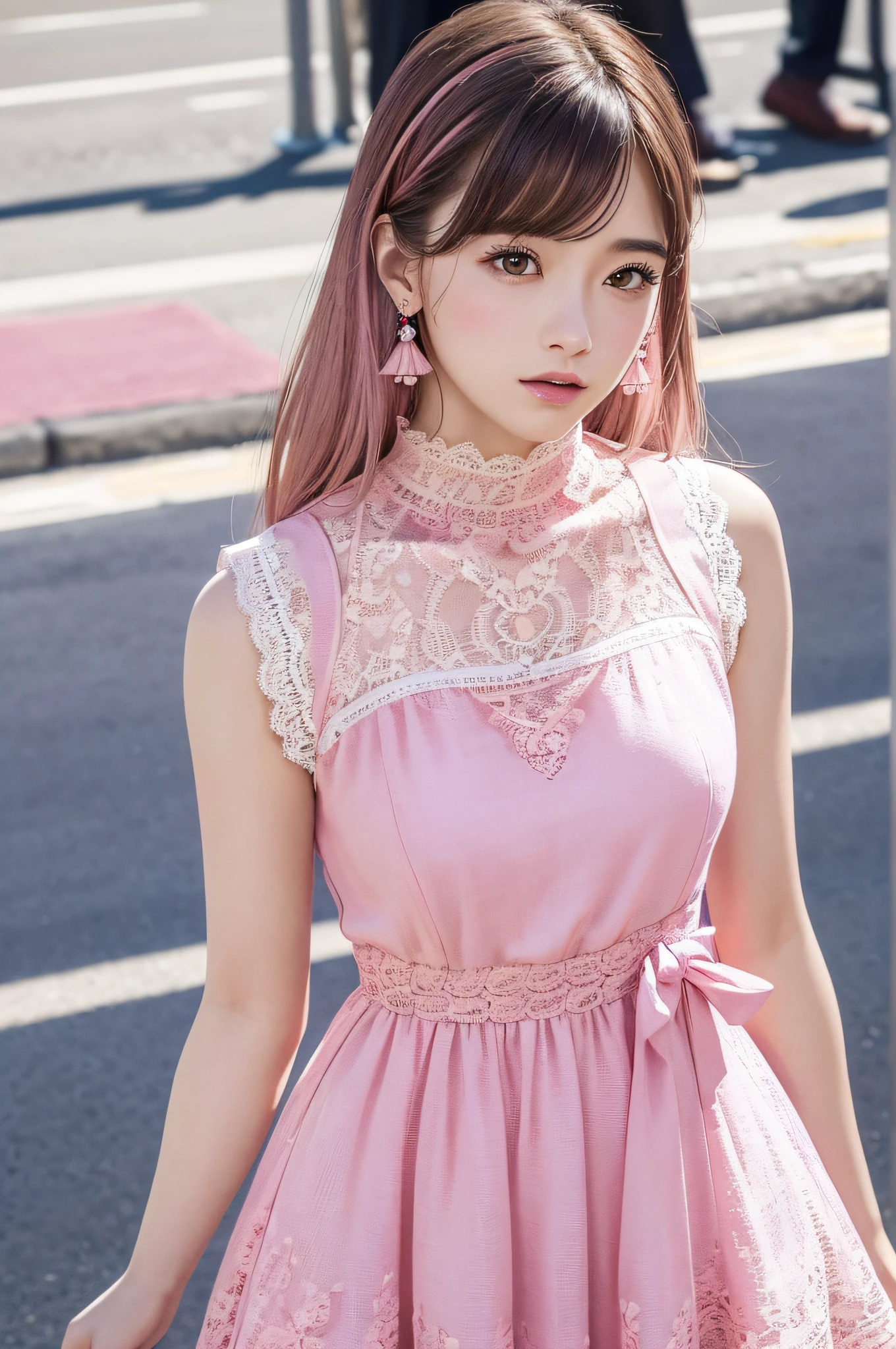 a woman posing on the street corner with pink dress on, best quality, high res, 8k, 1girl, (huge breasts), day, bright, outdoor, (street:0.8), (people, crowds:1), (lace-trimmed dress:1.5, pink clothes:1.5, pink high-neck dress:1.5, sleeveless dress, pink dress: 1.5), gorgeous, (medium hair), beautiful detailed sky, beautiful earrings, (dynamic pose:0.8), (upper body:1.2), soft lighting, wind, shiny skin, looking at viewer,
