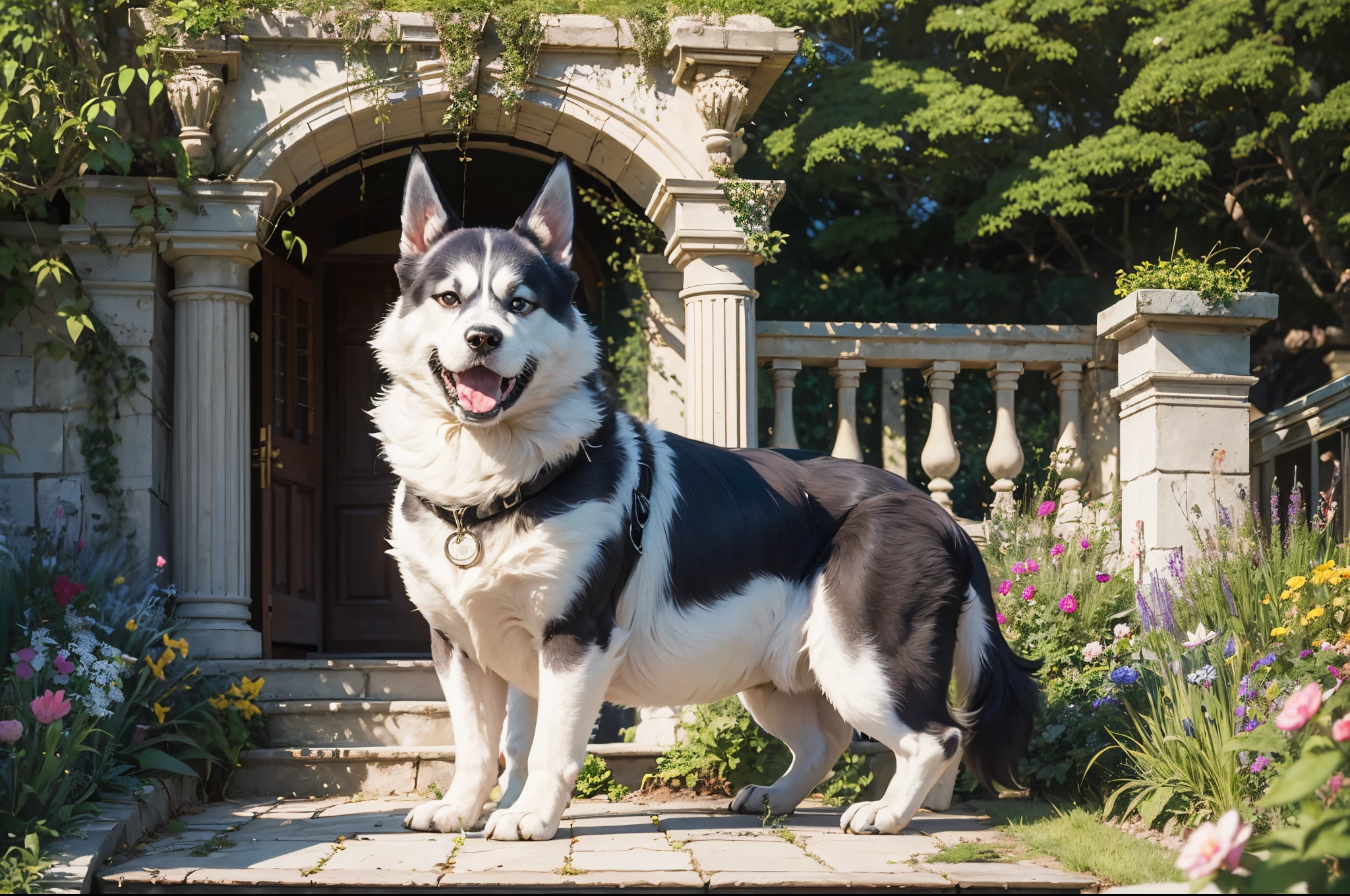 English home style,huge husky dog in the garden , Florian garden with many colours, daylight scene, young Egyptian beautiful woman in the garden --auto --s2