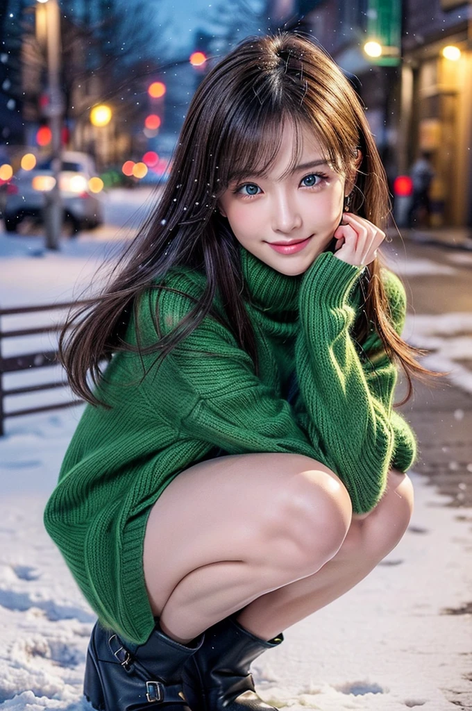 (masutepiece:1.3, Photorealsitic:1.4, 8K), top-quality, masterpiece, 超A high resolution, Perfect dynamic composition, Highly detailed skin and facial texture:1.3, A detailed eye, Detailed limbs, Winters, snowflakes falling:1.2, Snowfall landscape at night:1.2, 1girl in, Cute sexy 18 year old slim woman, Fair skin, tilt the neck, ((A smile:0.9, Totally captivates you:1.0)), (Yellow-green long-sleeved turtleneck sweater and red scarf:1.2, High waist mini skirt:1.1), ((voluptuous breasts:1.05)), Short boots, (Facing the front, Squat with your knees bent), (Beautiful blue eyes, Eyes that feel beautiful eros:0.85), Sexy face:0.4, (A mouthfeel that feels beautiful eros:0.85), ((Super erotic and cute:0.9))
