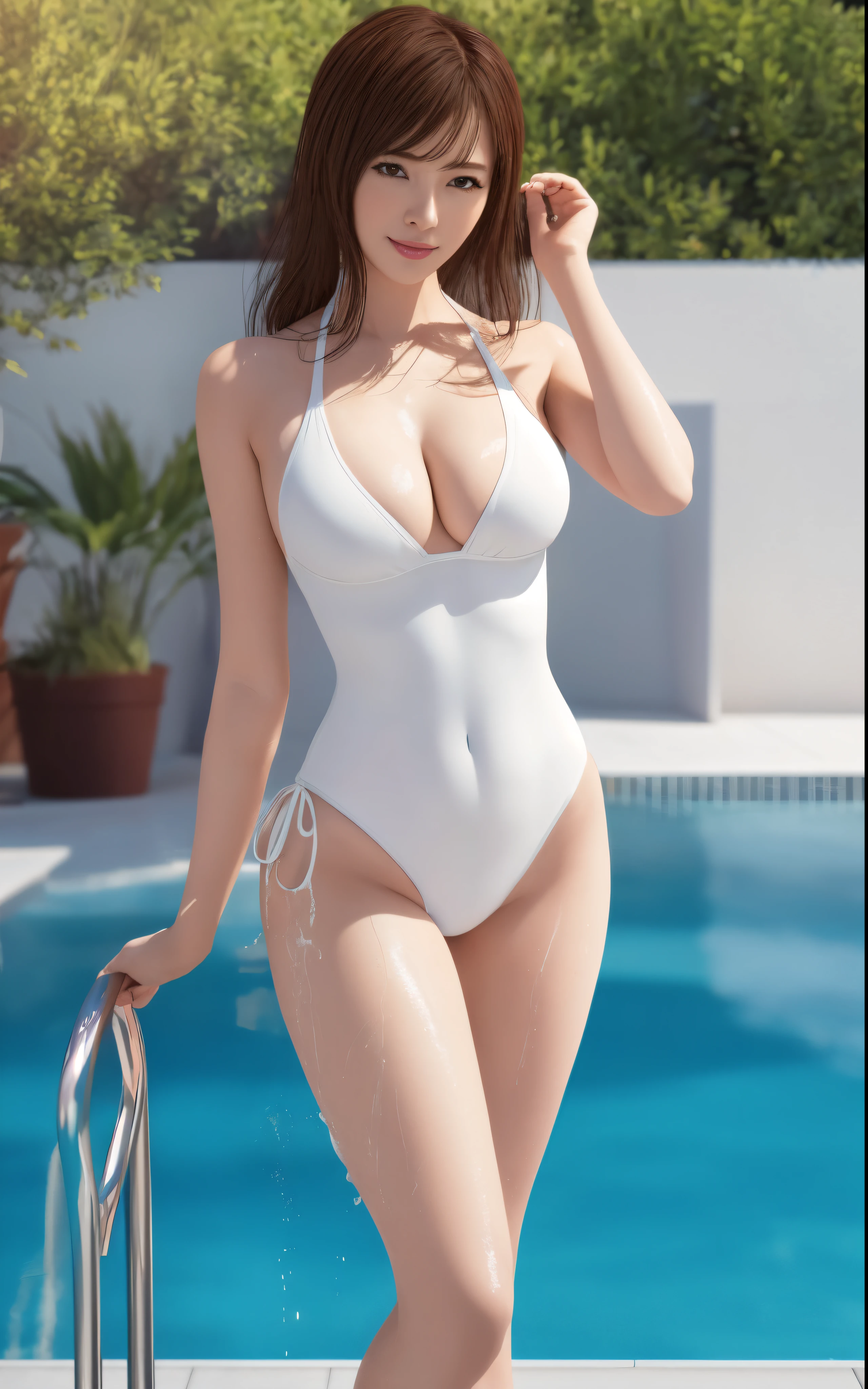 arafed woman in a white swimsuit standing next to a pool, photorealistic perfect body, is wearing a swimsuit, wet swimsuit, realistic bikini, swimsuit, wearing white leotard, smooth anime cg art, swimsuit model, photorealistic anime girl render, smooth 3d cg render, realistic shaded perfect body, cute girl wearing tank suit, realistic sensual gravure idol, cleavage,