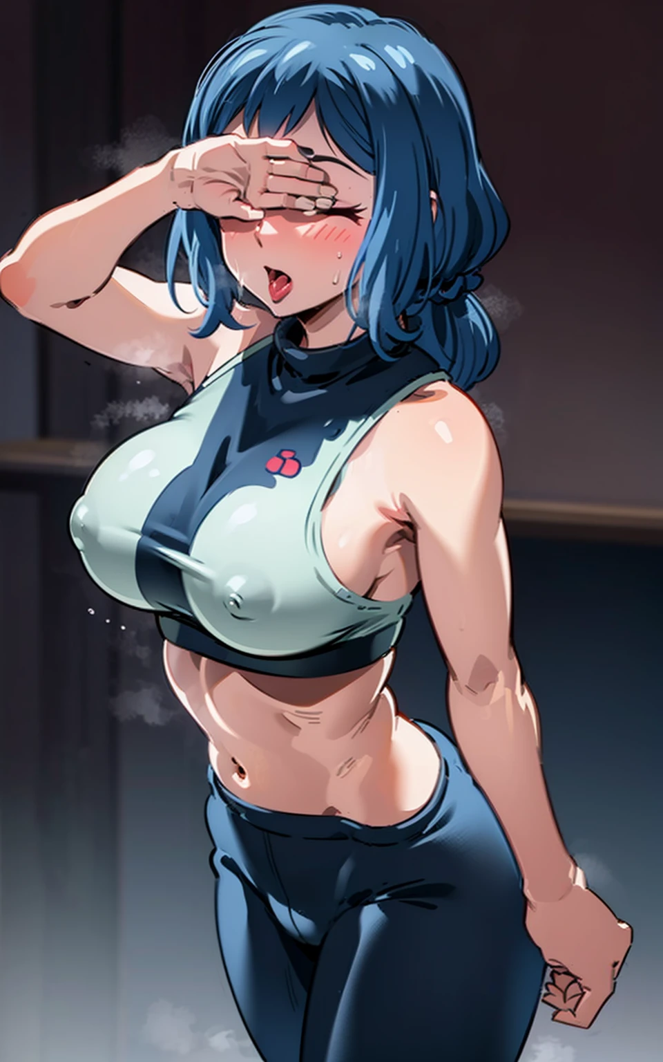 best quality, highly detailed, masterpiece, ultra-detailed,
(gym:1.2),
1girl, rinko-iori, wide hips, low ponytail, cowboy shot, (yoga pants), (sports bra), covered , open mouth, tongue out, steaming body, large breastsering eyes:1.4), (hand over eyes),
standing,