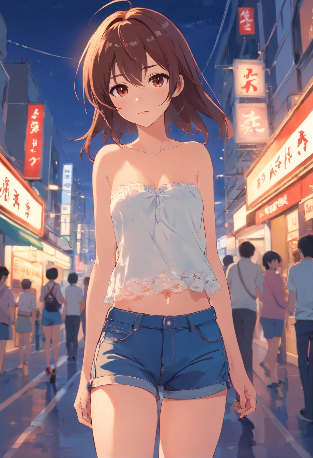 ((masterpiece,Highest quality;1.3,best illustration)),cowboy shot,1woman、25 year old beauty、独奏,((very small head:1.5)),dark brown hair,long hair,bangs,brown eyes,gorgeous eyes,blush,small breasts,((very long body:1.3)),((toned body,slender body,skinny)),gleaming skin,shiny skin,oily skin,(Black zip-up hoodie outer jacket、White tight T-shirt、denim micro shorts)、Carrying a black backpack、on street,Tokyo,