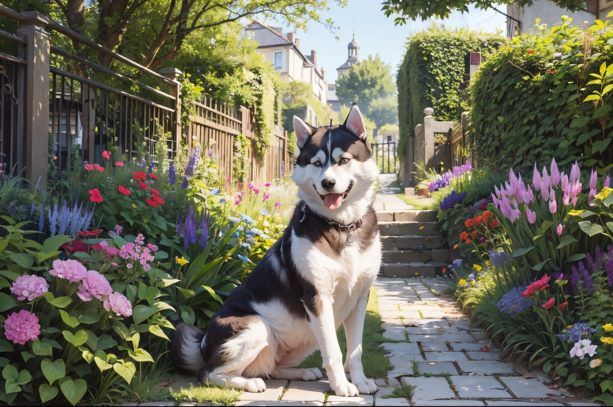 English home style,huge husky dog in the garden , Florian garden with many colours, daylight scene, young Egyptian beautiful woman in the garden --auto --s2