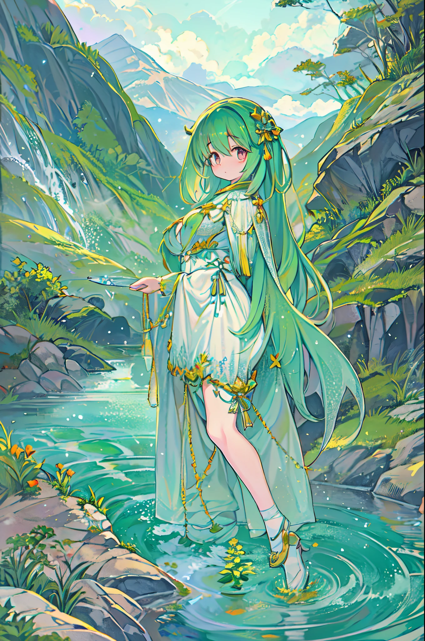 The costume, Long hair, girl, Big eyes, Green mountains and green water,