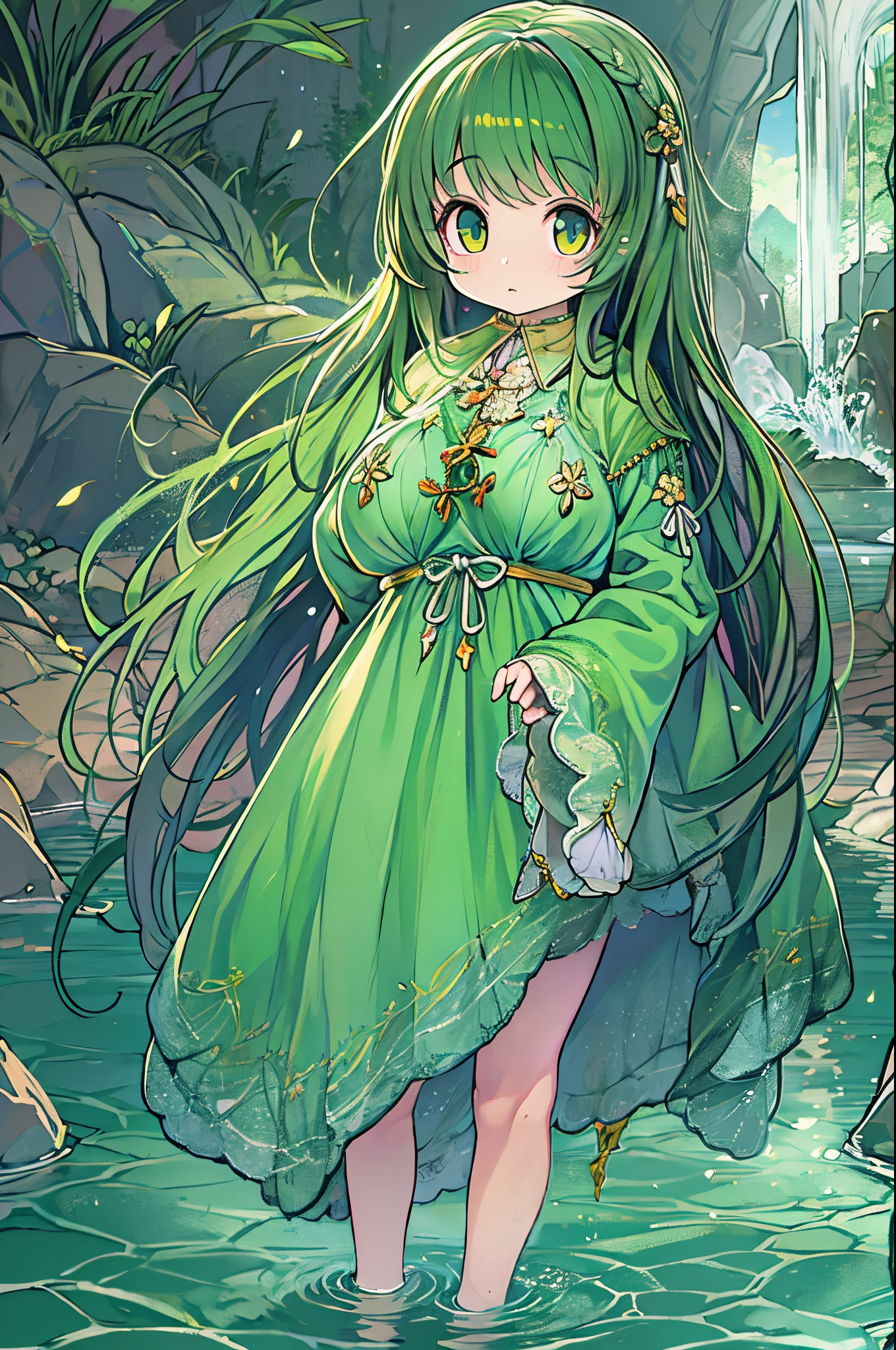 The costume, Long hair, girl, Big eyes, Green mountains and green water,