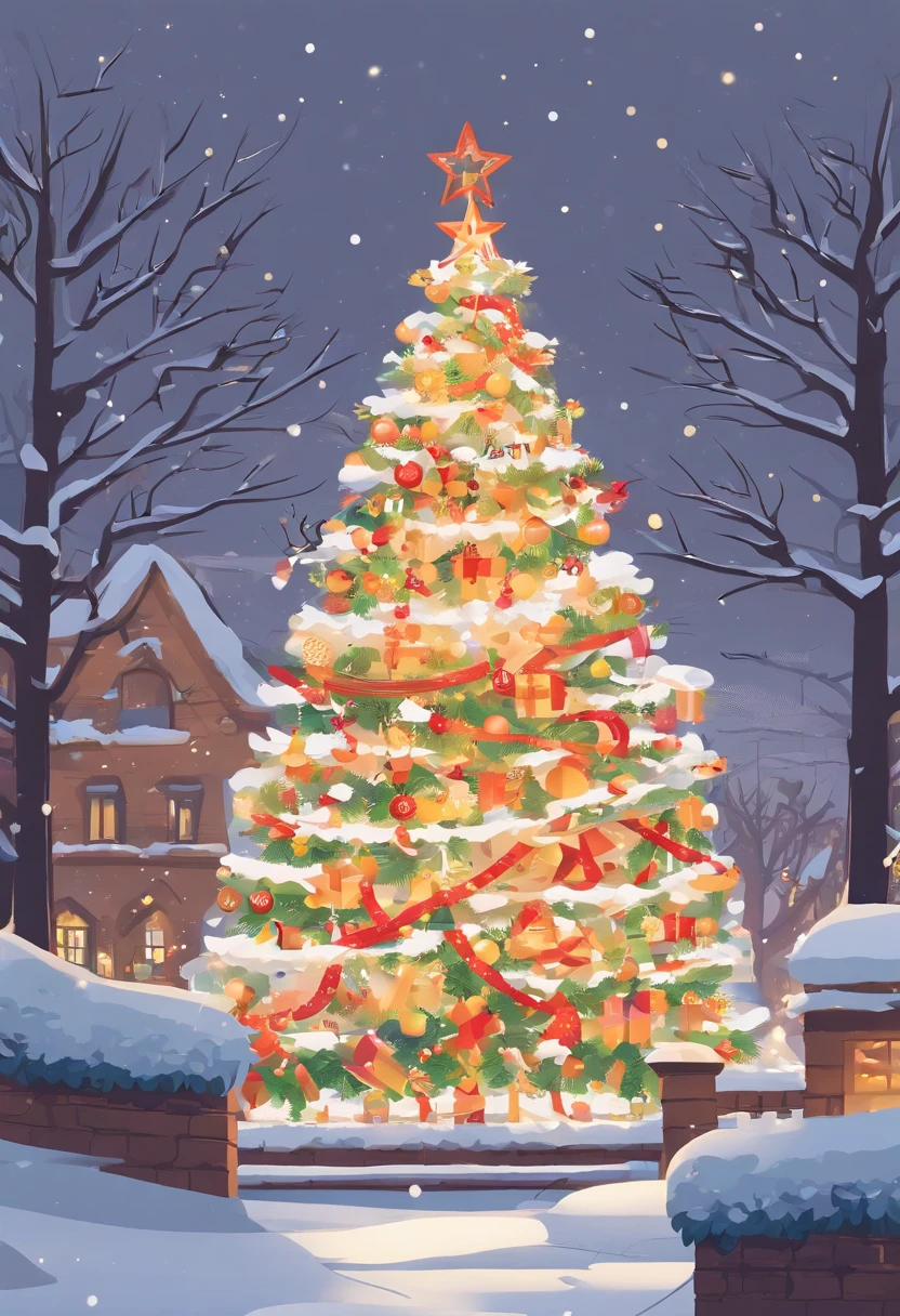 A beautiful and magnificent Christmas tree outside the house。The height of the tree is about 2 meters,Standing in the middle of a spacious and flat garden。The trunk is straight and straight,It is dark brown,and decorated with colored lights,dotted with red、green and gold light。 The branches are covered with various elaborate Christmas decorations,Like a shining star、Colorful Christmas balls and colorful bows。meanwhile,There are fine snow-white feathers hanging between the branches,As if white snowflakes are falling gently on it。 The whole garden is covered with a thin layer of snow,Snowflakes of all sizes are flying in the air。Houses in the distance shine with warm yellow light through their windows,Make the whole scene more warm and peaceful。 Under the tree,Several gift boxes were placed,beautifully wrapped,Covered with gorgeous colored paper and ribbons,Seems to be waiting to be opened by children。 The whole scene is filled with the festive atmosphere of Christmas,Make people feel warm and happy。This is an ideal picture of a Christmas tree outside your home,Can be added for holidays