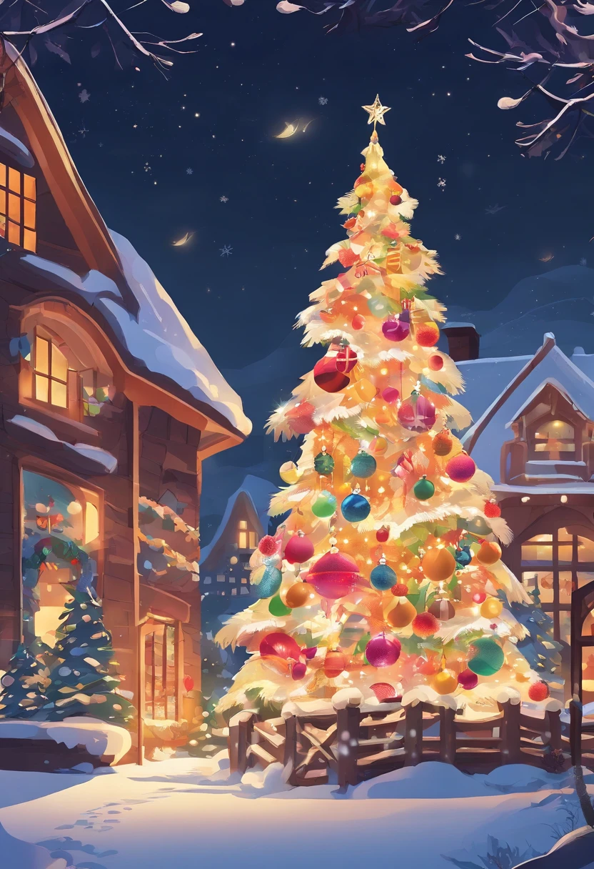 A beautiful and magnificent Christmas tree outside the house。The height of the tree is about 2 meters,Standing in the middle of a spacious and flat garden。The trunk is straight and straight,It is dark brown,and decorated with colored lights,dotted with red、green and gold light。 The branches are covered with various elaborate Christmas decorations,Like a shining star、Colorful Christmas balls and colorful bows。meanwhile,There are fine snow-white feathers hanging between the branches,As if white snowflakes are falling gently on it。 The whole garden is covered with a thin layer of snow,Snowflakes of all sizes are flying in the air。Houses in the distance shine with warm yellow light through their windows,Make the whole scene more warm and peaceful。 Under the tree,Several gift boxes were placed,beautifully wrapped,Covered with gorgeous colored paper and ribbons,Seems to be waiting to be opened by children。 The whole scene is filled with the festive atmosphere of Christmas,Make people feel warm and happy。This is an ideal picture of a Christmas tree outside your home,Can be added for holidays