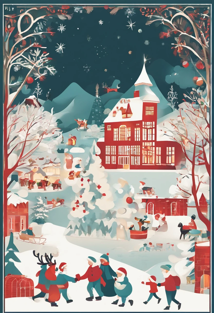happy dancing people,Wearing Christmas hat and colorful decorations。A is putting a Santa hat on a snowman,Another child is making snowballs for a snowball fight。in distance,A sleigh pulled by reindeer is parked in front of the house,Santa Claus is waving to the children。The whole scene is full of joy、Lively and convivial atmosphere,Show the joy and warmth of Christmas