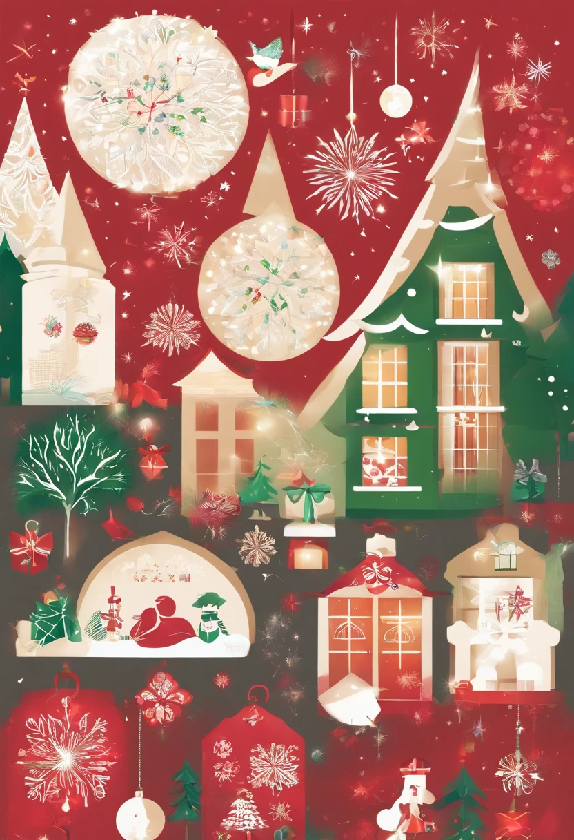 A gorgeous Christmas tree stands tall。The branches are decorated with colorful lights,Let the whole room be filled with warm light。Brilliant colorful balls and shining stars dotted among the branches,It gives a fairytale feeling。 Gifts of all shapes and sizes hanging from the Christmas tree。Exquisite gift box wrapped with exciting surprises,Gold, silver, red and green ribbons are twisted into beautiful bows。Every gift represents warmth and blessing,Waiting to be opened。 Through the window,You can see nightfall outside the house,Dots of fireworks bloom in the darkness。Colorful lights cut through the night sky,Illuminates the whole city。The sound of fireworks bursting into the room accompanied by cheers,Gives people a feeling of joy and blessing。 Outside the house