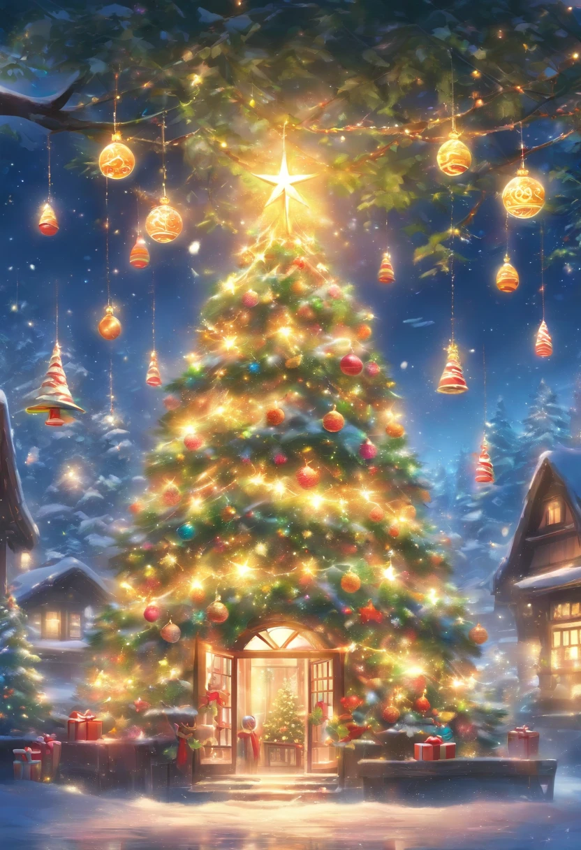 A beautiful and magnificent Christmas tree outside the house。The height of the tree is about 2 meters，Standing in the middle of a spacious and flat garden。The trunk is straight and straight，It is dark brown，and decorated with colored lights，dotted with red、green and gold light。 The branches are covered with various elaborate Christmas decorations，Like a shining star、Colorful Christmas balls and colorful bows。meanwhile，There are fine snow-white feathers hanging between the branches，As if white snowflakes are falling gently on it。 The whole garden is covered with a thin layer of snow，Snowflakes of all sizes are flying in the air。Houses in the distance shine with warm yellow light through their windows，Make the whole scene more warm and peaceful。 Under the tree，Several gift boxes were placed，beautifully wrapped，Covered with gorgeous colored paper and ribbons，Seems to be waiting to be opened by children。 The whole scene is filled with the festive atmosphere of Christmas，Make people feel warm and happy。This is an ideal picture of a Christmas tree outside your home，Can be added for holidays