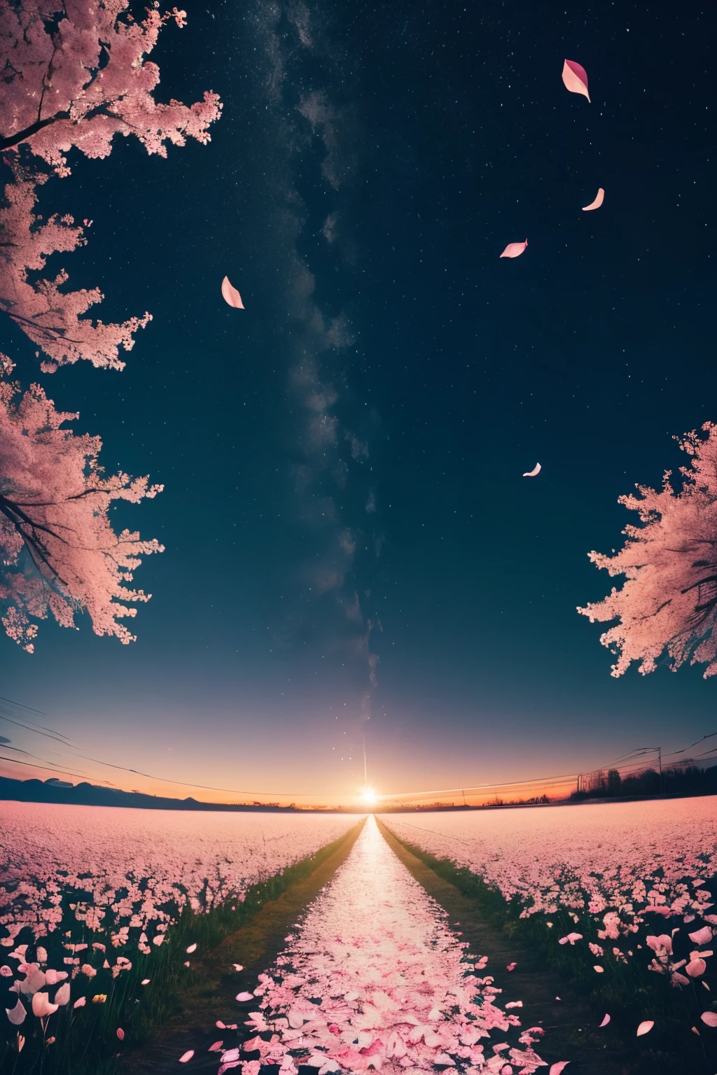 beautiful cute sky scenery, nighttime scene , pale color , flower petals, Scattering