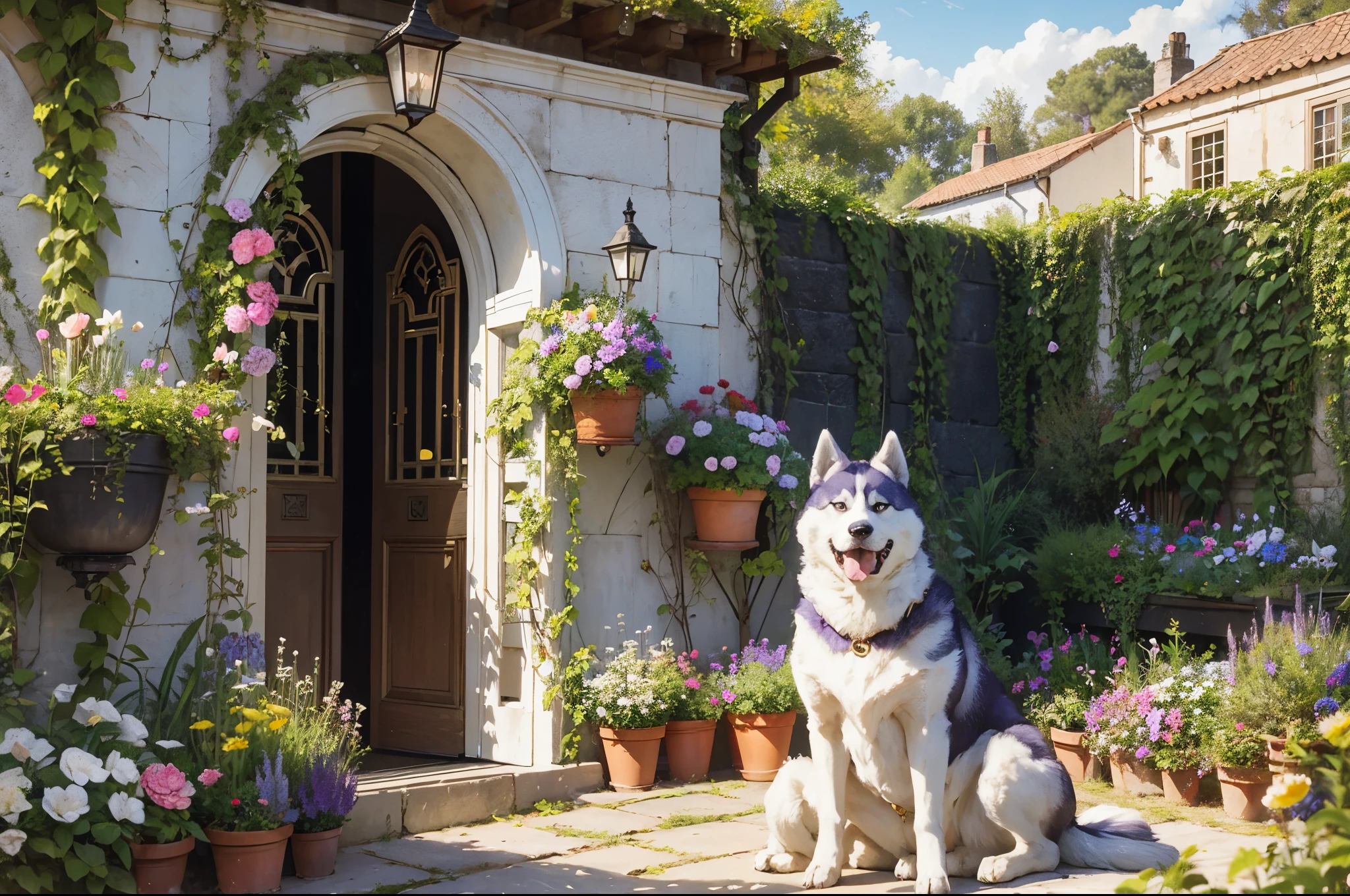 English home style,huge husky dog in the garden , Florian garden with many colours, daylight scene, young Egyptian beautiful woman in the garden --auto --s2