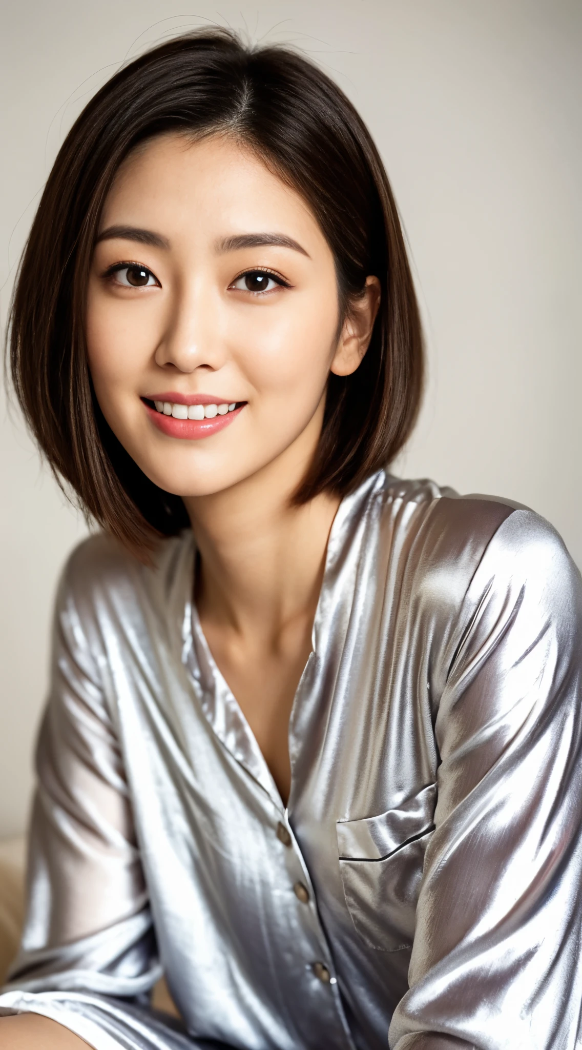 ((Best Quality, 8K, Masterpiece: 1.3)), 1 Girl, Slim Abs Beauty: 1.3, (Hairstyle Brown Hair Shortcut, Big: 1.2), Dress: 1.1, Super Slender Face, Delicate Eyes, Double Eyelids, Smile, Home, Raw Photo