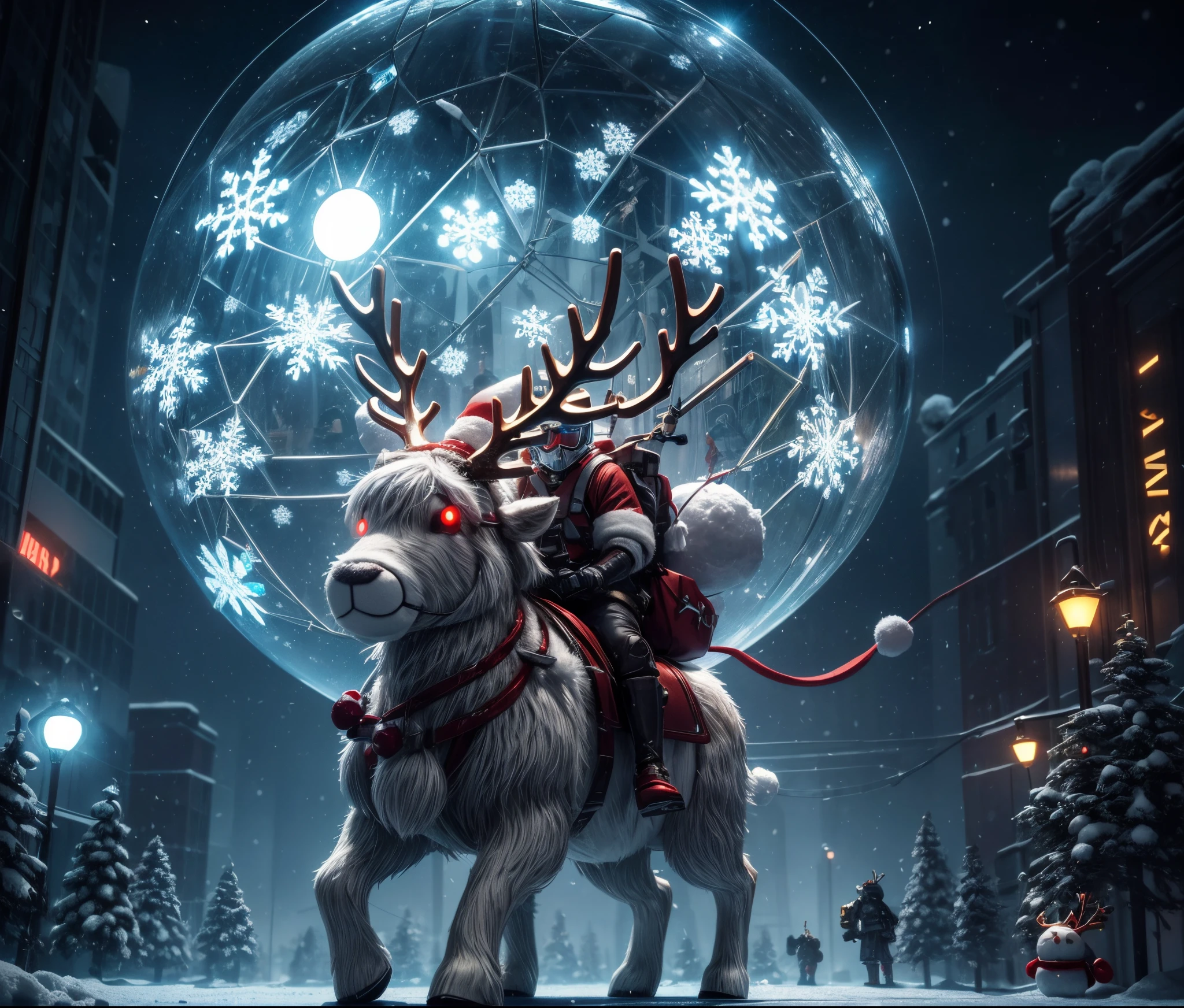 Reindeer, (blind box toy style:1.2), nuttcraker toy, (Full Body Shot) ,  1 Transparent Santa claus, Behind him is a snowman and reindeer, snowflakes, Transparent mecha, Exquisite Helmet:1.2, glowing goggles:1.2, Cyberpunk, Dreamy Glow, Luminous neon lamp, clean, white background, ( Global illumination, raytracing, HDR, unreal render,reasonable design, high detailed, masterpiece, best quality, UHD, Cinematic Lighting)
