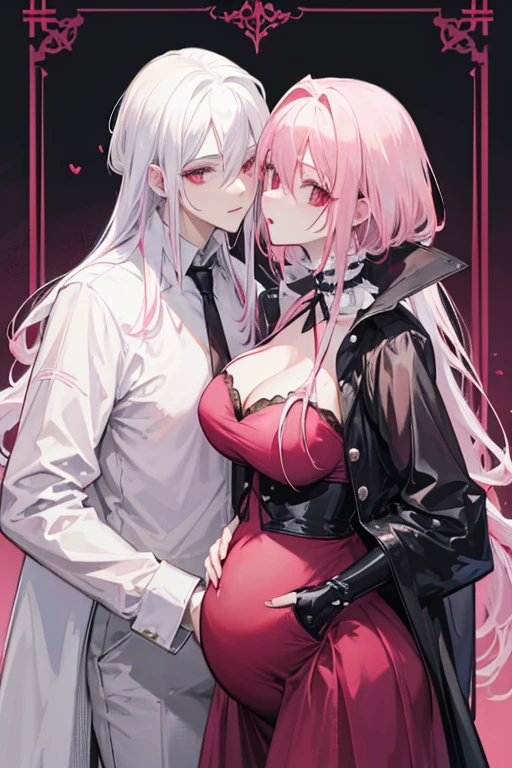 A white haired man with red eyes is kissing a pregnant pink haired woman with violet eyes in Gothic dress.