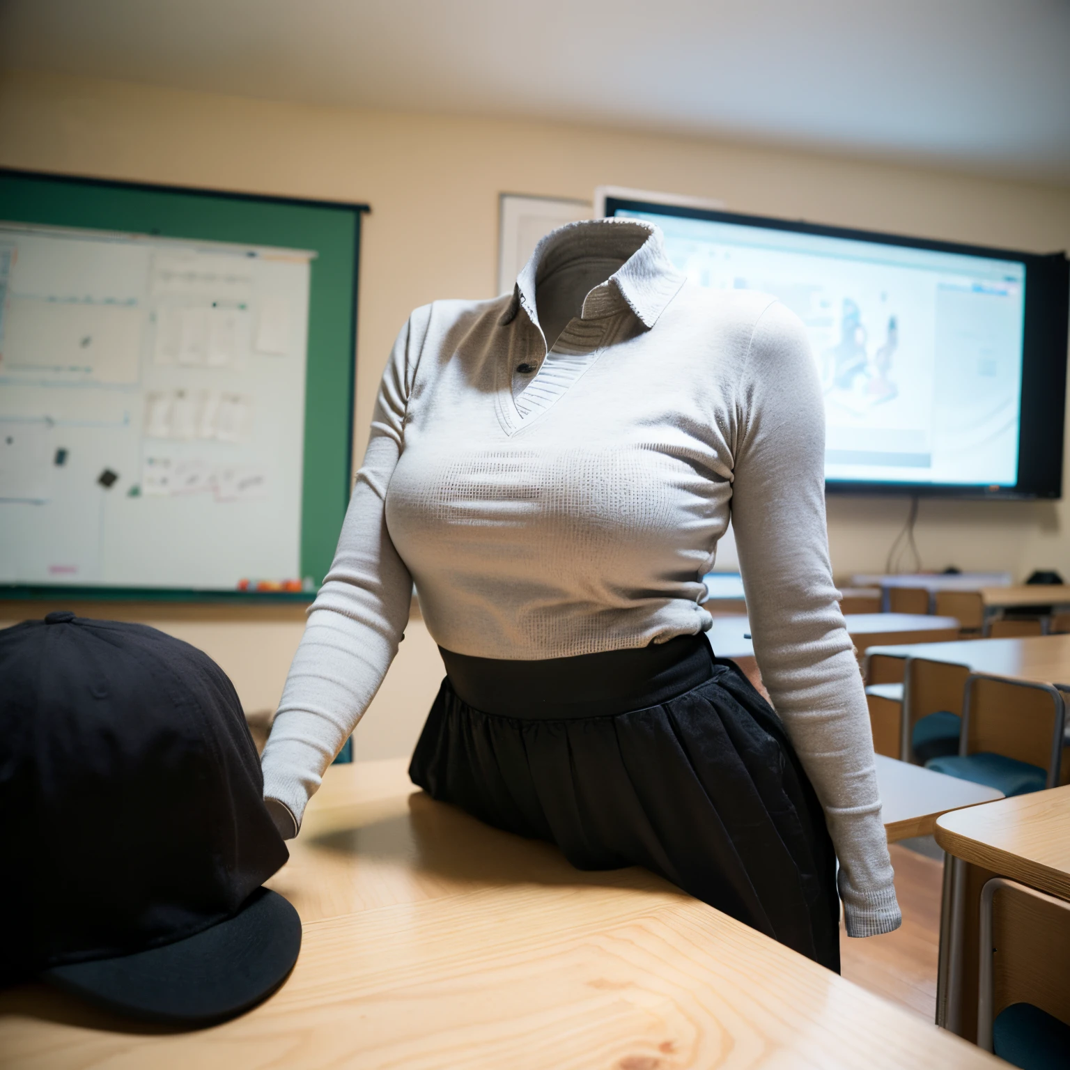 chubby, fat, school sweater vest, long sleeve, school uniform, classroom, high school, (Seductive pose), (invisible:1.5, no humans:1.5, headless:1.5, faceless:1.5), (cute big breasts), (close-up shot of breasts), (8k, RAW photo, best quality, masterpiece:1.2), (realistic, photo-realistic:1.37), photon mapping, radiosity, ((Hasselblad photography)), physically-based rendering