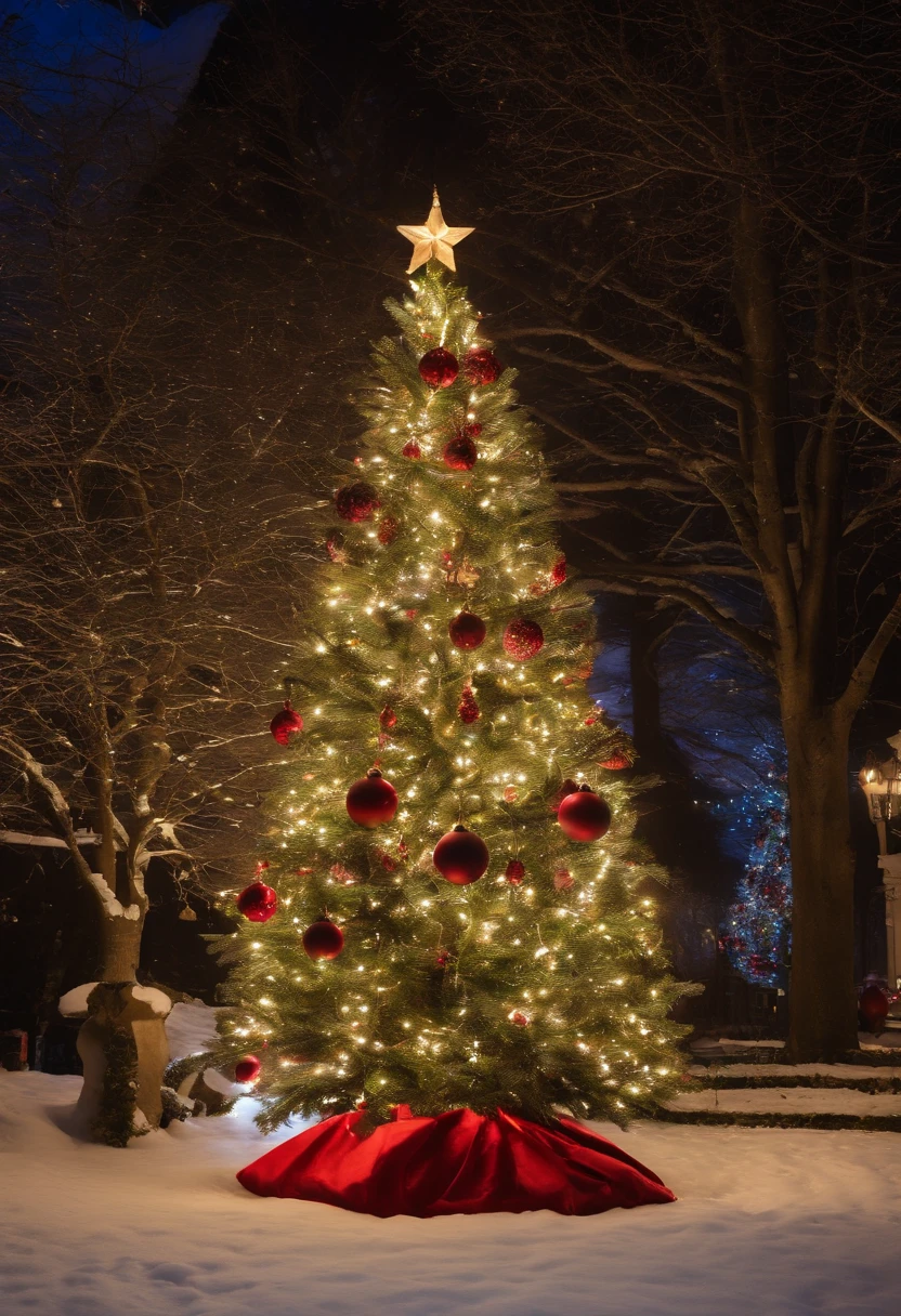 A beautiful and magnificent Christmas tree outside the house。The height of the tree is about 2 meters,Standing in the middle of a spacious and flat garden。The trunk is straight and straight,It is dark brown,and decorated with colored lights,dotted with red、green and gold light。 The branches are covered with various elaborate Christmas decorations,Like a shining star、Colorful Christmas balls and colorful bows。meanwhile,There are fine snow-white feathers hanging between the branches,As if white snowflakes are falling gently on it。 The whole garden is covered with a thin layer of snow,Snowflakes of all sizes are flying in the air。Houses in the distance shine with warm yellow light through their windows,Make the whole scene more warm and peaceful。 Under the tree,Several gift boxes were placed,beautifully wrapped,Covered with gorgeous colored paper and ribbons,Seems to be waiting to be opened by children。 The whole scene is filled with the festive atmosphere of Christmas,Make people feel warm and happy。This is an ideal picture of a Christmas tree outside your home,Can be added for holidays