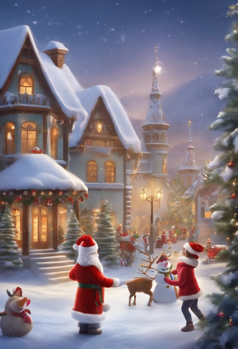 happy dancing people，Wearing Christmas hat and colorful decorations。A child is putting a Santa hat on a snowman，Another child is making snowballs for a snowball fight。in distance，A sleigh pulled by reindeer is parked in front of the house，Santa Claus is waving to the children。The whole scene is full of joy、Lively and convivial atmosphere，Show the joy and warmth of Christmas