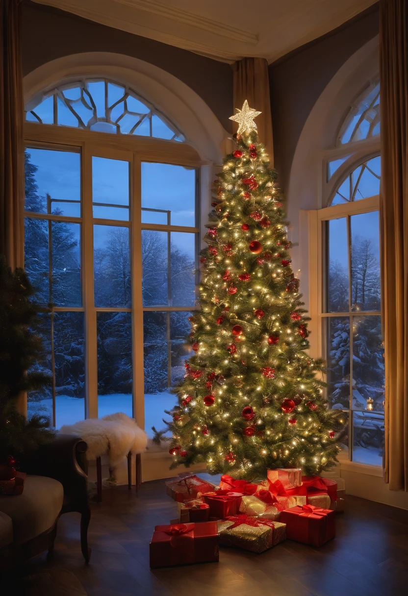 A gorgeous Christmas tree stands tall。The branches are decorated with colorful lights，Let the whole room be filled with warm light。Brilliant colorful balls and shining stars dotted among the branches，It gives a fairytale feeling。 Gifts of all shapes and sizes hanging from the Christmas tree。Exquisite gift box wrapped with exciting surprises，Gold, silver, red and green ribbons are twisted into beautiful bows。Every gift represents warmth and blessing，Waiting to be opened。 Through the window，You can see nightfall outside the house，Dots of fireworks bloom in the darkness。Colorful lights cut through the night sky，Illuminates the whole city。The sound of fireworks bursting into the room accompanied by cheers，Gives people a feeling of joy and blessing。 Outside the house