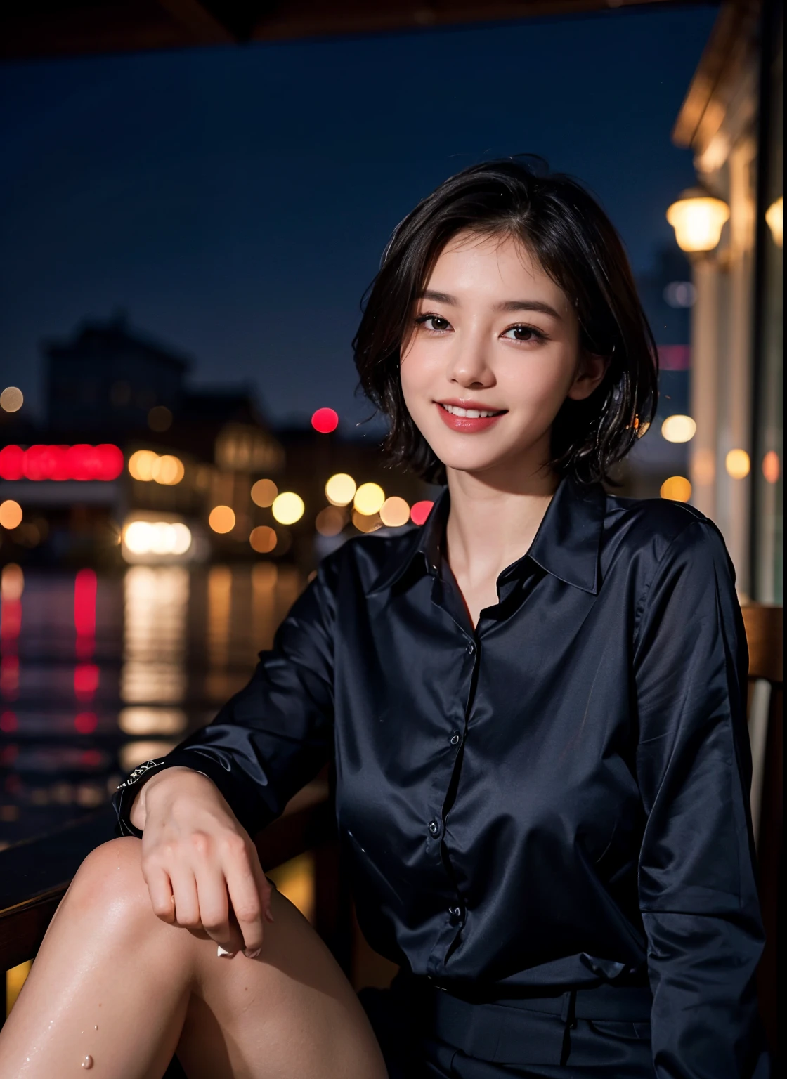 (8k, best quality, masterpiece:1.2), (realistic, photo-realistic:1.37), ultra-detailed, 1 girl,cute, solo,beautiful detailed sky,detailed cafe,night,sitting,dating,(nose blush),(smile:1.15),(closed mouth) small breasts,beautiful detailed eyes,(collared shirt:1.1), night, wet,business attire, rain,white lace, (short hair:1.2),floating hair NovaFrogStyle,