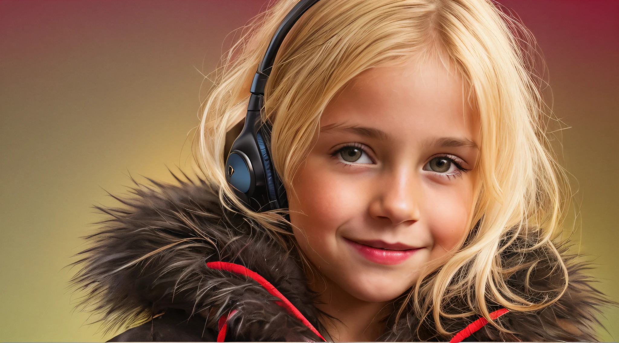 GIRL CHILD , RUSSIAN STYLE BLONDE HEADPHONES, BLACK FUR COAT, MESSY SHOULDER LENGTH BLONDE HAIR, RED BACKGROUND, BROWN EYES, HAPPY, CLEAN DETAILED FACES, INTRACATE CLOTHES, ANALOGOUS COLORS, BRIGHT SHADOWS, BEAUTIFUL GRADIENT, DEPTH OF FIELD, CLEAN IMAGE, HIGH QUALITY, HIGH DETAIL, HIGH DEFINITION, LUMINOUS STUDIO GRAPHICS ENGINE, BEAUTIFUL FACE