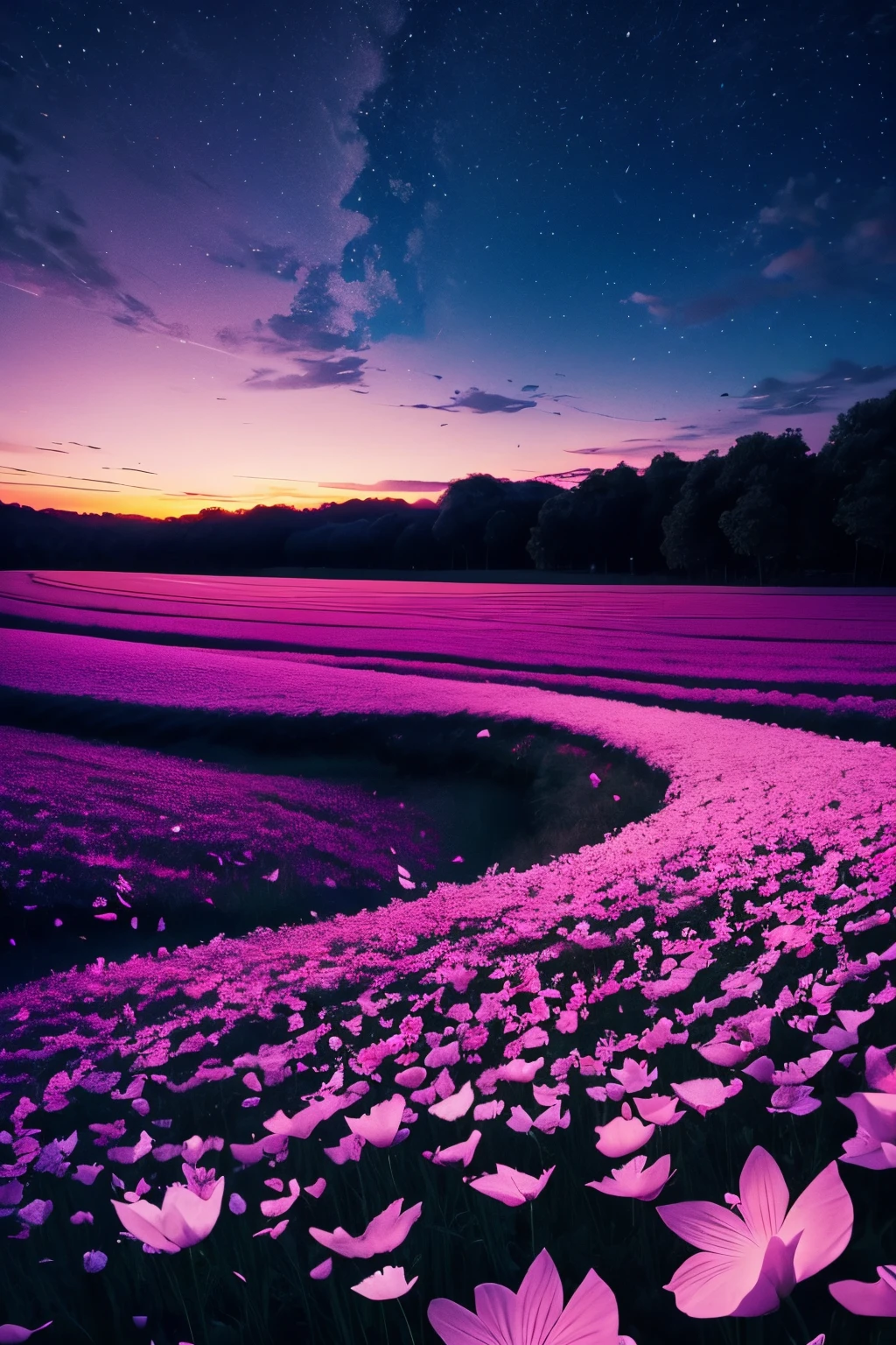 beautiful cute sky scenery,  nighttime scene , Petals fluttering