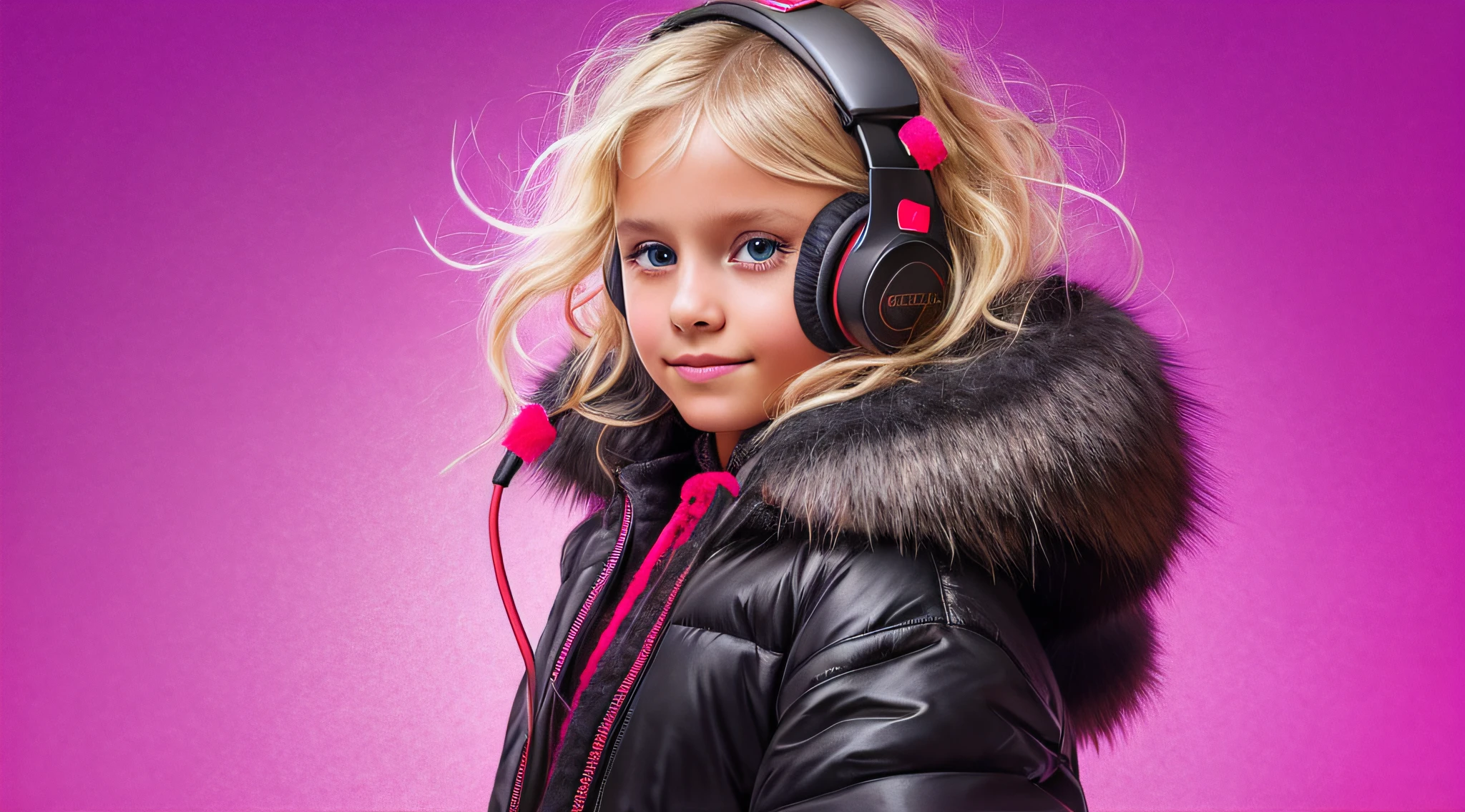 GIRL CHILD 8 YEARS OLD, RUSSIAN STYLE BLONDE HEADPHONES, BLACK FUR COAT, MESSY SHOULDER LENGTH BLONDE HAIR, RED BACKGROUND, BROWN EYES, HAPPY, CLEAN DETAILED FACES, INTRACATE CLOTHES, ANALOGOUS COLORS, BRIGHT SHADOWS, BEAUTIFUL GRADIENT, DEPTH OF FIELD, CLEAN IMAGE, HIGH QUALITY, HIGH DETAIL, HIGH DEFINITION, LUMINOUS STUDIO GRAPHICS ENGINE, BEAUTIFUL FACE