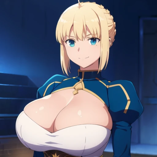 (masterpiece:1.4), (top-quality:1.4), 1girl in, Altria Pendragon \(fates\), doress, Simple background, Portrait, A smile, (Huge breasts:1.4)