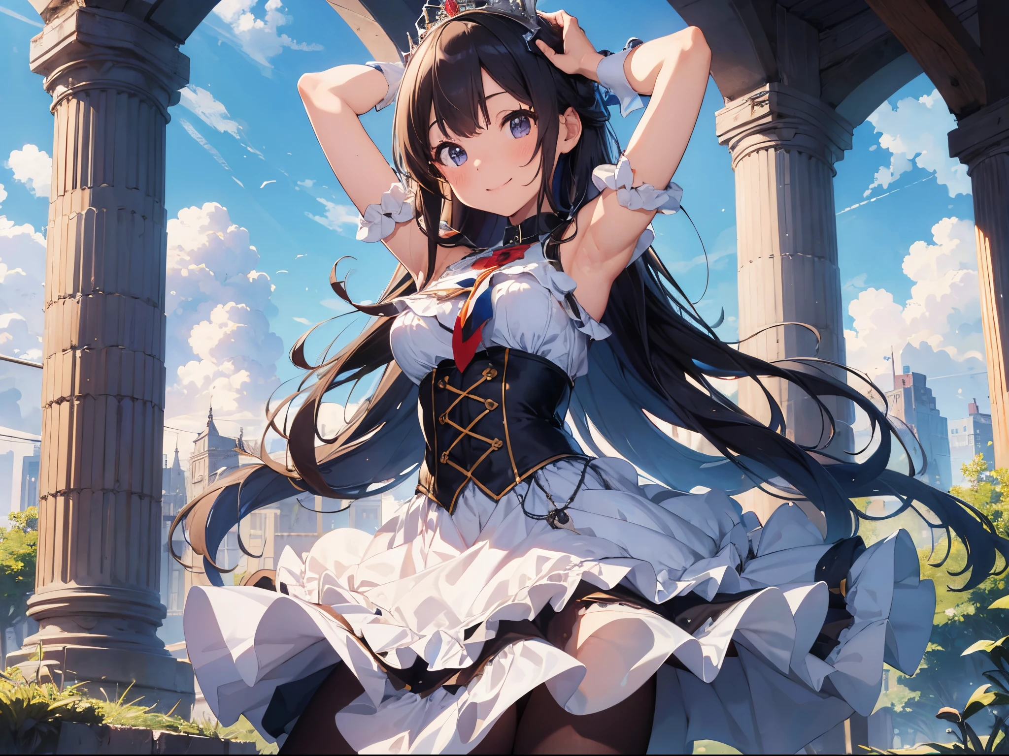 (Best Picture Quality, 4K, High Quality, Masterpiece:1.2), ((Masterpiece)), High Detail, High Quality, (HDR,16k, RAW Beautiful Girl Portrait, Best Picture Quality, Masterpiece::1. 2), (Ultra-Definition Illustration), idolmaster, idol costume, teen, multiple girls, extremely cute, tanned skin sleeveless, detached sleeves, colorful frilled dress, tiara, stage, showing armpits, cheerful, smiling, pantyhose,