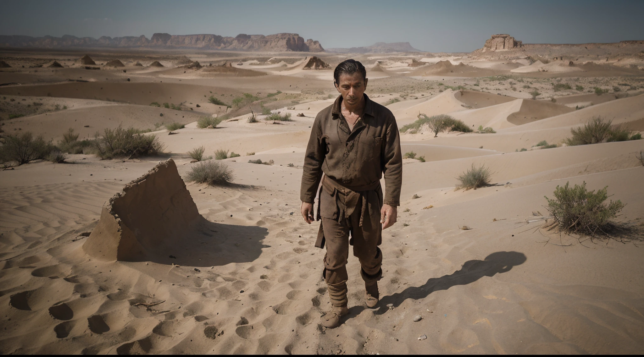 a man from ancient times, tearing his garment with a sad expression, desert scenery, melancholy ambiance, torn clothing, distressed face, sand dunes, vintage aesthetic, dusty atmosphere, traces of time, solitude, faded colors, dramatic lighting, desolation, windblown, timeless emotions, ruins in the background, forlorn figure standing tall, a sense of loss and longing, ancient traditions, rugged terrain, crumbling structures, echoes of the past, a story untold, silent desolation, forgotten memories, arid landscapes, the weight of history, a glimpse into the past, sepia tones, a man trapped in time, biblical era