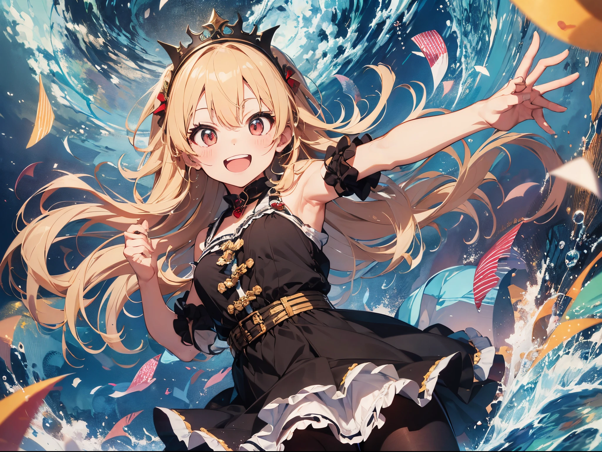 (Best Picture Quality, 4K, High Quality, Masterpiece:1.2), ((Masterpiece)), High Detail, High Quality, (HDR,16k, RAW Beautiful Girl Portrait, Best Picture Quality, Masterpiece::1. 2), (Ultra-Definition Illustration), idolmaster, idol costume, teen, multiple girls, extremely cute, tanned skin sleeveless, detached sleeves, colorful frilled dress, tiara, stage, showing armpits, cheerful, smiling, pantyhose,