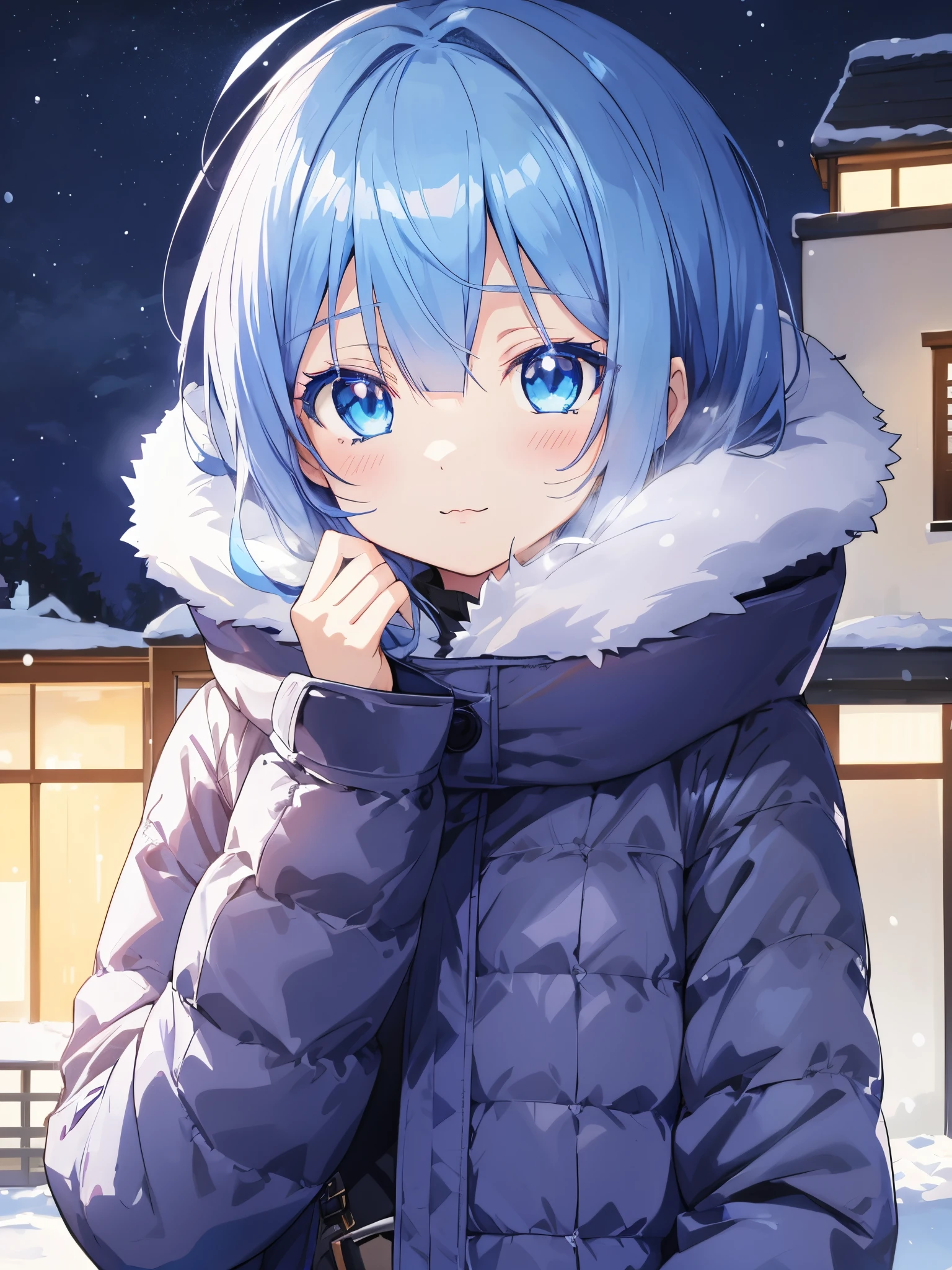 Anime girl with blue hair and blue eyes wearing a winter coat, anime moe art style, Cute anime girl, Anime visuals of cute girls, anime style 4 k, (Anime Girl), rem rezero, blue shining eyes, portrait of cute anime girlbabes, pretty anime girl, nightcore, Beautiful anime girl, Clear blue eyes, extremely cute anime girl face, young anime girl