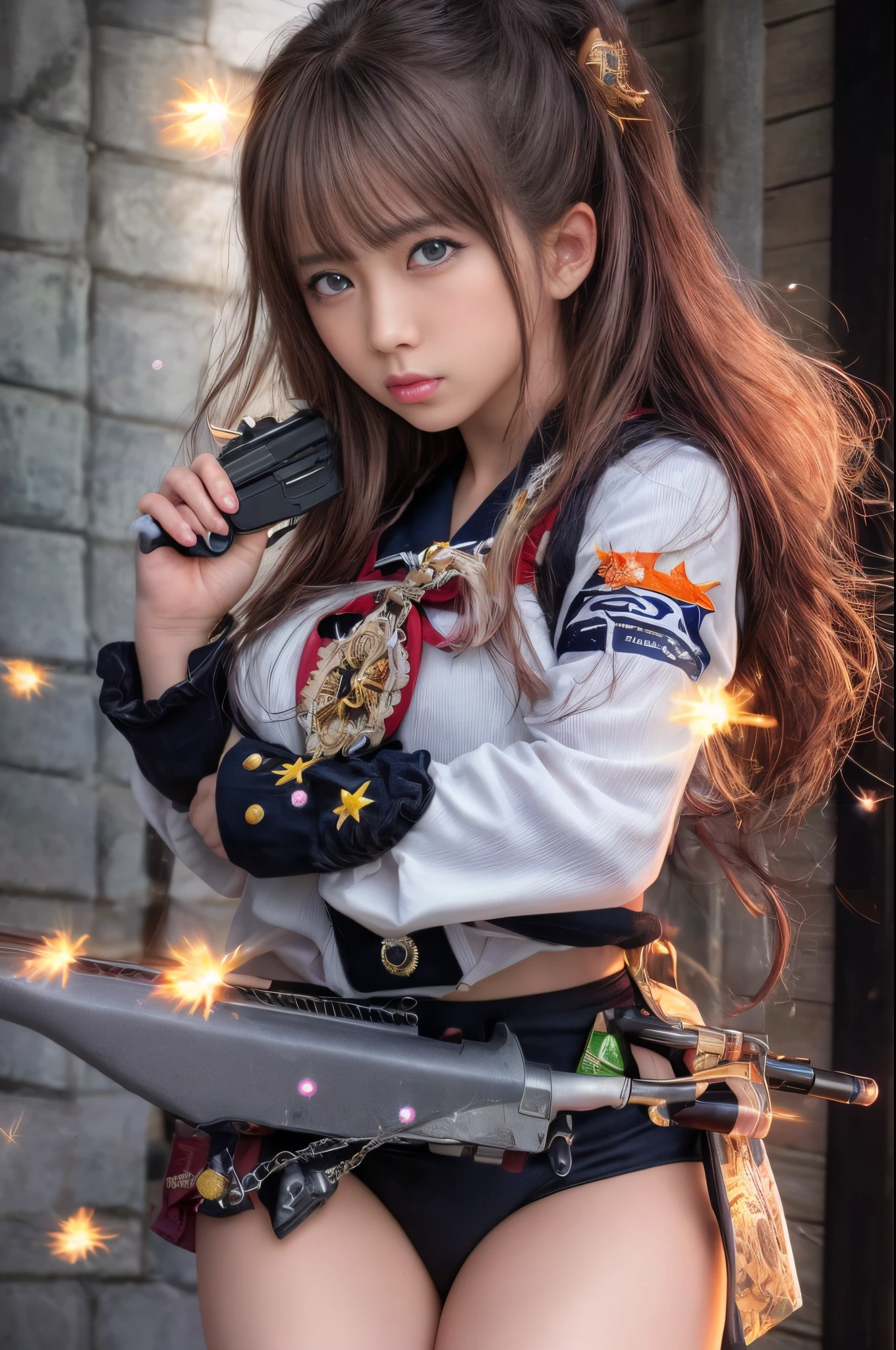 (Raw photo:1.2), (Photorealistic), Beautiful detailed girl, Very detailed eyes and face, Beautiful detailed eyes, Huge file size, High resolution, Very detailed, Best Quality, [masutepiece:1.6], Illustration, Very detailed, Fine detail, Best Quality, 8K Wallpaper, Movie Lighting,Holding a gun in hand、Sailor girl with starburst on background, Bad girl, yami kawaii,  the princess of power, The artist looks Yokoyama, badass pose