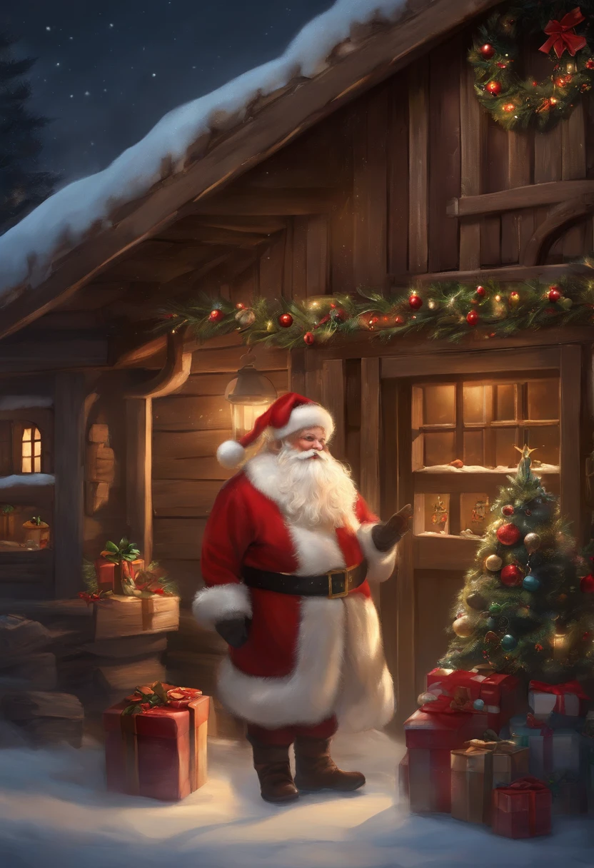 Santa Claus standing in front of a store，Lots of gifts in hand, santa, Santa&#39;s workshop, author：Master Kanwen, santa, santa, author：Alexander Jean, By senior artists, Popular topics on artstation pixiv, by kamaguka, Santa Claus inside a rustic barn, author：Brian Thomas, Kirill Kotashev's style