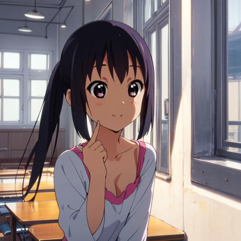 (8K、Raw photography、top-quality、​masterpiece:1.2)、(Baby face、Round face:1.3)、(poneyTail:1.3)、nakano azusa, 1girl in, Sakuragaoka High School Uniform,student clothes,Underwear、cleavage of the breast、Small、all-fours、ultra-detailliert、超A high resolution、see the beholder、beautifull detailed face、A smile、Constriction、(Slim waist) :1.3)、Beautiful detailed skin、Skin Texture、floated hair、profetional lighting