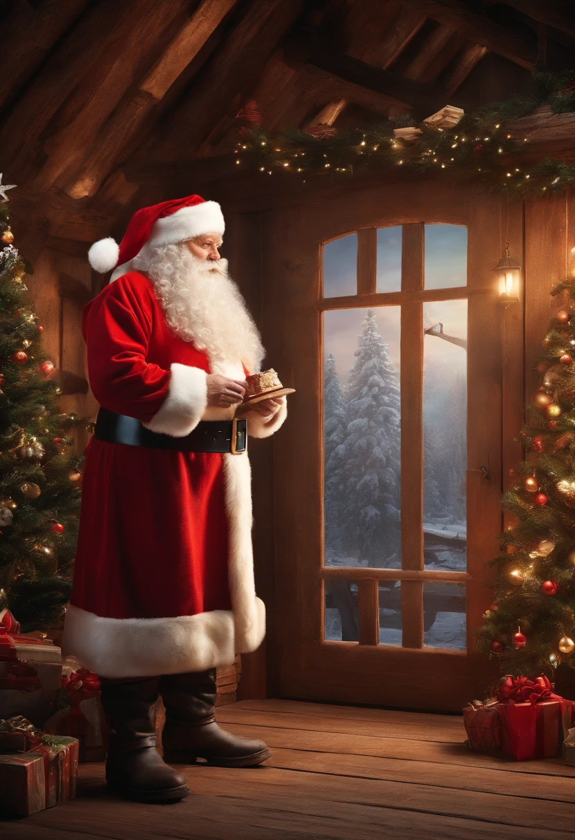Santa Claus standing in front of a house with a Christmas tree, Santa&#39;s workshop, santa, santa, santa, 8K high quality detail art, Santa Claus inside a rustic barn, Kirill Kotashev's style, By senior artists, author：Master Kanwen, Alexander Kucharsky, detailed scene, author：Alexander Giemsky