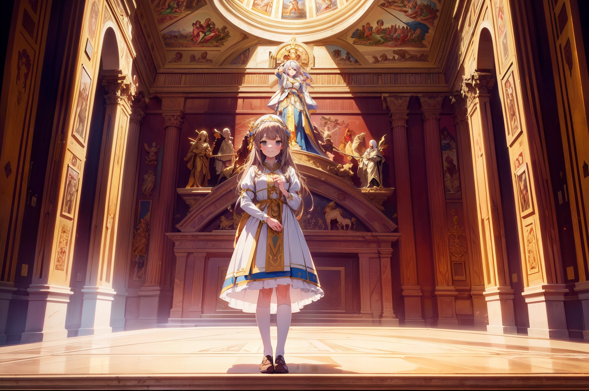 1 cute girl , (italy traditional costume), (standing in Sistine Chapel), character focus, (from below:0.9), smile, cinematic lighting, high resolution,(incredibly absurdres) ,extremely detailed CG unity 8k wallpaper, ((masterpiece)), ((top-quality)), (beautiful illustration), ((an extremely delicate and beautiful))