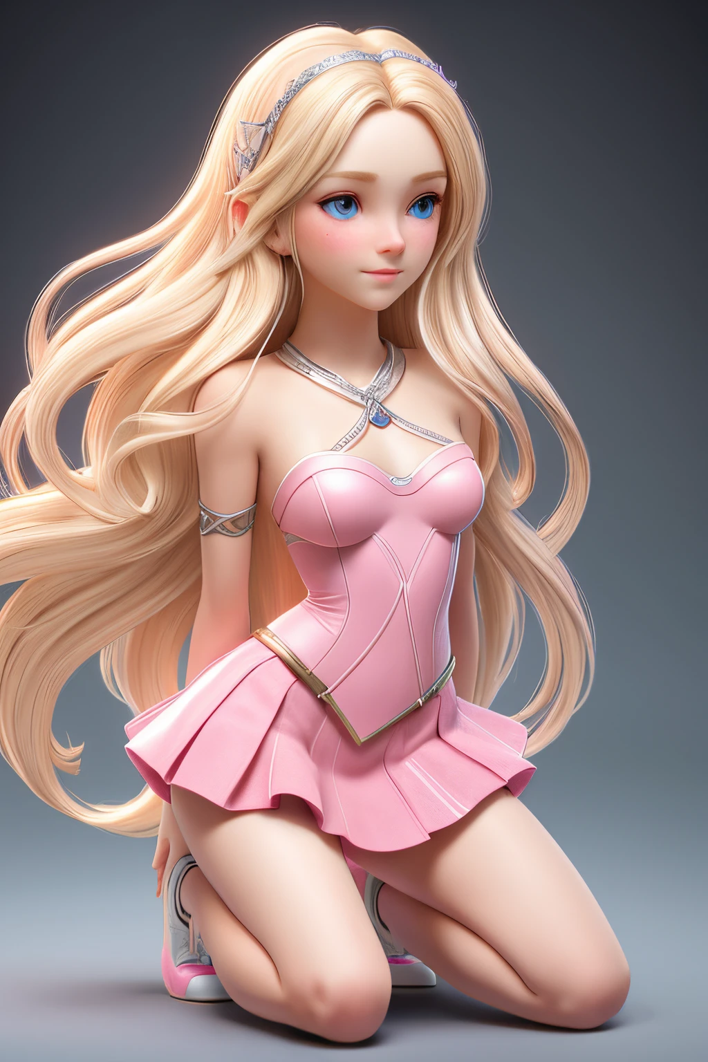 close up 1girl in, teenager, Solo, Aesthetic artwork, blond, straight blonde hair, super long blonde hair, light blue eyes, some small freckles, pale skin, A-cup, small breasts, runners body, (thin hips, thin waist: 1.25), detailed skin, shy smile, (action shot kneeling: 1.25), wearing pink corset, pink skirt, tiara, 50mm, 4k textures, soft cinematic light, RAW intricate, elegant, highly detailed, sharp focus, ((((cinematic look)))), soothing tones, insane details, intricate details, hyperdetailed, low contrast, soft cinematic light, dim colors, exposure blend, hdr, faded