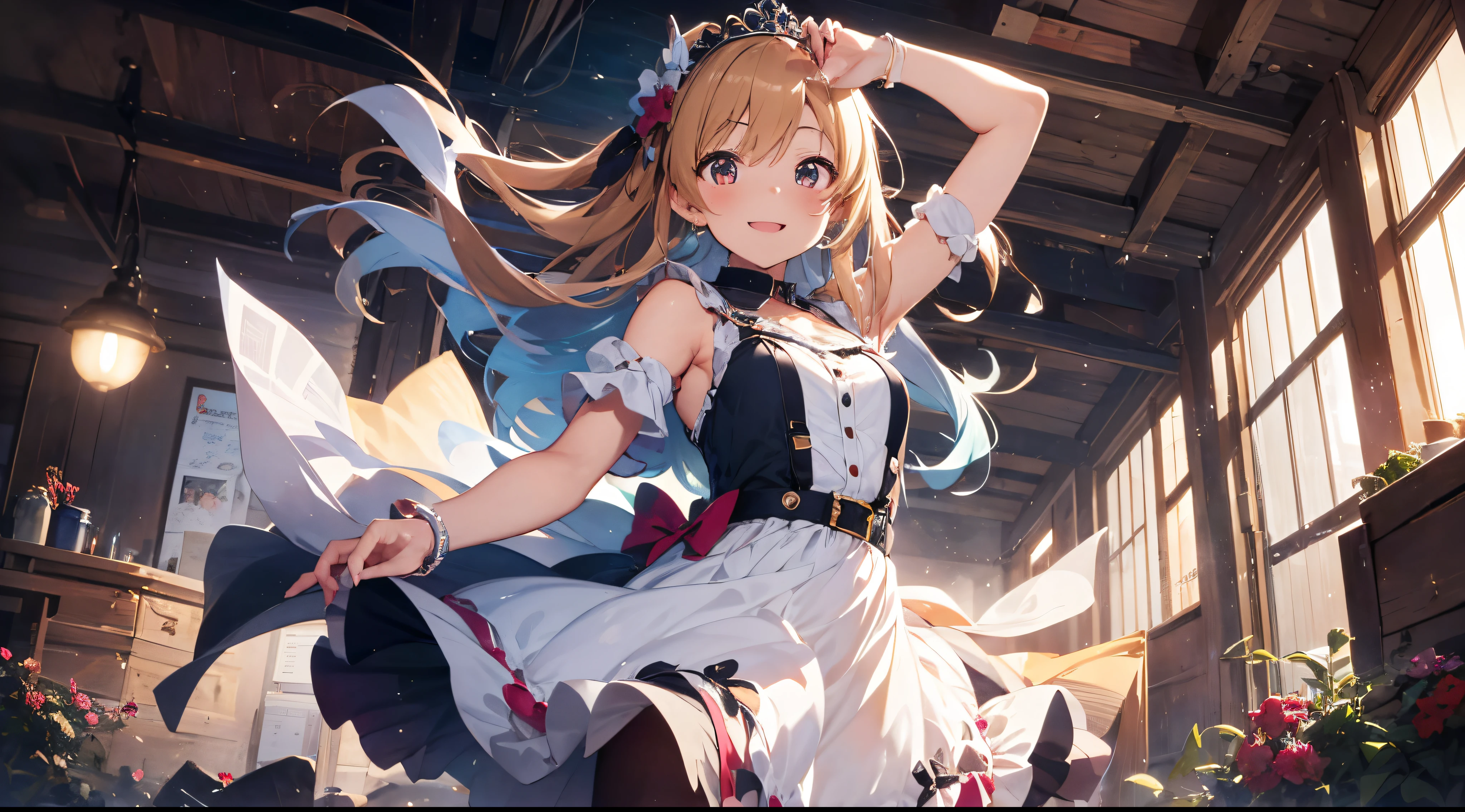 (Best Picture Quality, 4K, High Quality, Masterpiece:1.2), ((Masterpiece)), High Detail, High Quality, (HDR,16k, RAW Beautiful Girl Portrait, Best Picture Quality, Masterpiece::1. 2), (Ultra-Definition Illustration), idolmaster, idol costume, teen, multiple girls, extremely cute, tanned skin sleeveless, detached sleeves, colorful frilled dress, tiara, stage, showing armpits, cheerful, smiling, pantyhose,