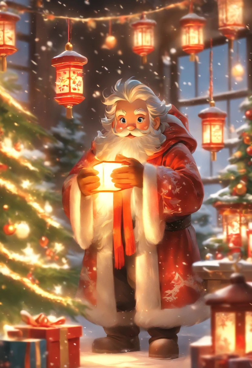 A kind old man，Wearing red coat and hat，White beard and smiling facial expression，Santa Claus holding a big bag or gift box，Filled with various exquisite gifts，Such as toys、Confectionery、Books etc.，There can be a gorgeous Christmas tree in the picture，It&#39;s full of lanterns、Various decorations and gifts，Falling snowflakes can be added to the picture，Add a winter feel to the scene。Can depict some happy children，Excitement surrounding Santa Claus and gifts，Looking forward to receiving their favorite gifts。You can picture Santa Claus entering the house through the chimney，One of the elements that symbolizes Christmas traditions。You can add some curious animals to the picture，like a reindeer or a bird，Watching Santa Claus delivering gifts。glowing effect，depth of fields，to emphasize，Real light，ray traycing，oc rendered，hyper realisitc，Best quality，8K，Works of masters，ultradetailed，Detailed pubic hair，Correct anatomy，Eyes in focus，bokeh，Facial features are carefully drawn，