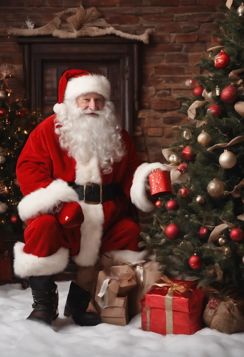 A kind old man,Wearing red coat and hat,White beard and smiling facial expression,Santa Claus holding a big bag or gift box,Filled with various exquisite gifts,Such as toys、Confectionery、Books etc.,There can be a gorgeous Christmas tree in the picture,It's full of lanterns、Various decorations and gifts,Falling snowflakes can be added to the picture,Add a winter feel to the scene。Can depict some happy children,Excitement surrounding Santa Claus and gifts,Looking forward to receiving their favorite gifts。You can picture Santa Claus entering the house through the chimney,One of the elements that symbolizes Christmas traditions。You can add some curious animals to the picture,like a reindeer or a bird,Watching Santa Claus delivering gifts。glowing effect,depth of fields,to emphasize,Real light,ray traycing,oc rendered,hyper realisitc,Best quality,8K,Works of masters,ultradetailed,Detailed pubic hair,Correct anatomy,Eyes in focus,bokeh,Facial features are carefully drawn,