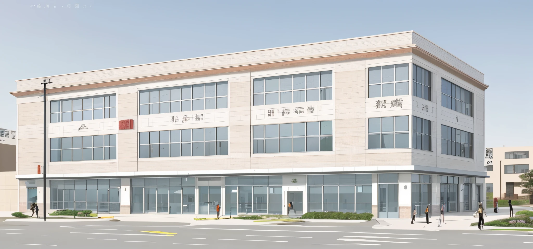 Architectural renderings with Chinese characters written on the side, Front view, The building is facing, office building, Sharp Focus Illustration Headquarters, Front view, Front view, completed building, Sharp Focus Illustration Headquarters, ground-level view, ground-level view, central image, , seen from outside（Community Health Center）