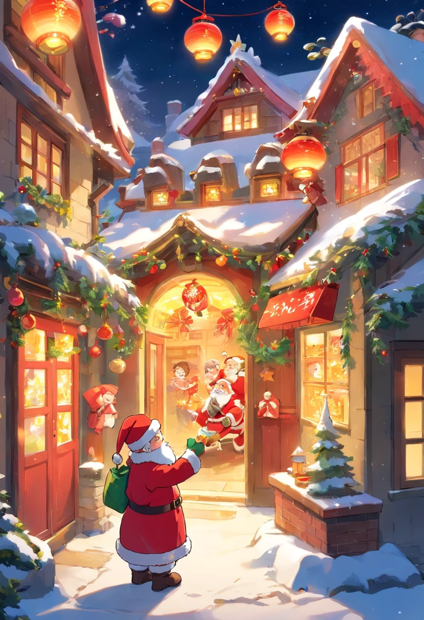 A kind old man，Wearing red coat and hat，White beard and smiling facial expression，Santa Claus holding a big bag or gift box，Filled with various exquisite gifts，Such as toys、Confectionery、Books etc.，There can be a gorgeous Christmas tree in the picture，It&#39;s full of lanterns、Various decorations and gifts，Falling snowflakes can be added to the picture，Add a winter feel to the scene。Can depict some happy children，Excitement surrounding Santa Claus and gifts，Looking forward to receiving their favorite gifts。Use warm colors，Such as red、green and gold，To create a warm holiday atmosphere，You can picture Santa Claus entering the house through the chimney，One of the elements that symbolizes Christmas traditions。You can add some curious animals to the picture，like a reindeer or a bird，Watching Santa Claus delivering gifts。